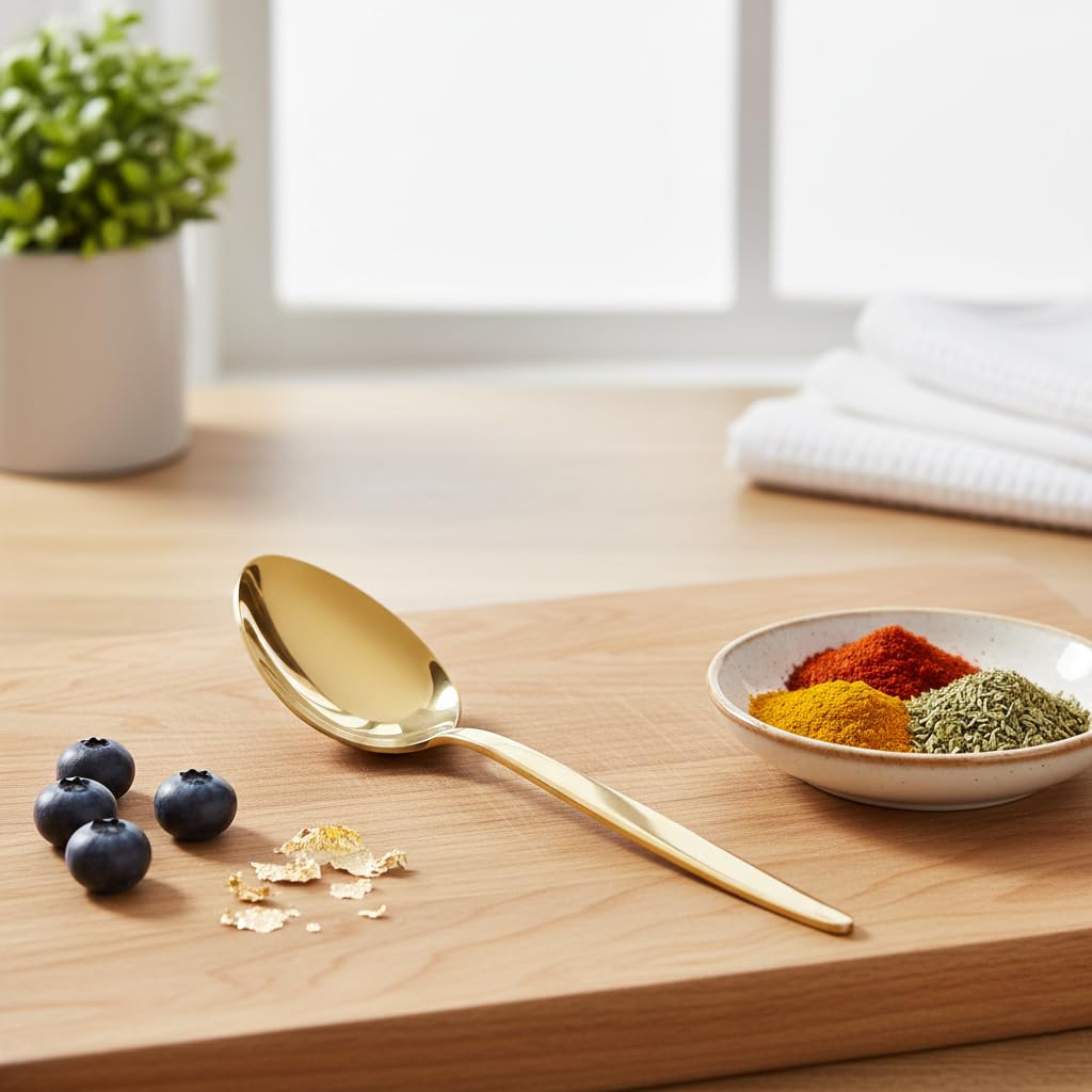 BNAZIND Chef Kunz Spoon Gold | Titanium Shiny 18/10 Stainless Steel Cooking Serving Spoon | 9 Inch Saucing, Plating, Basting, Quenelle, Daily Chef Spoons | Dishwasher safe