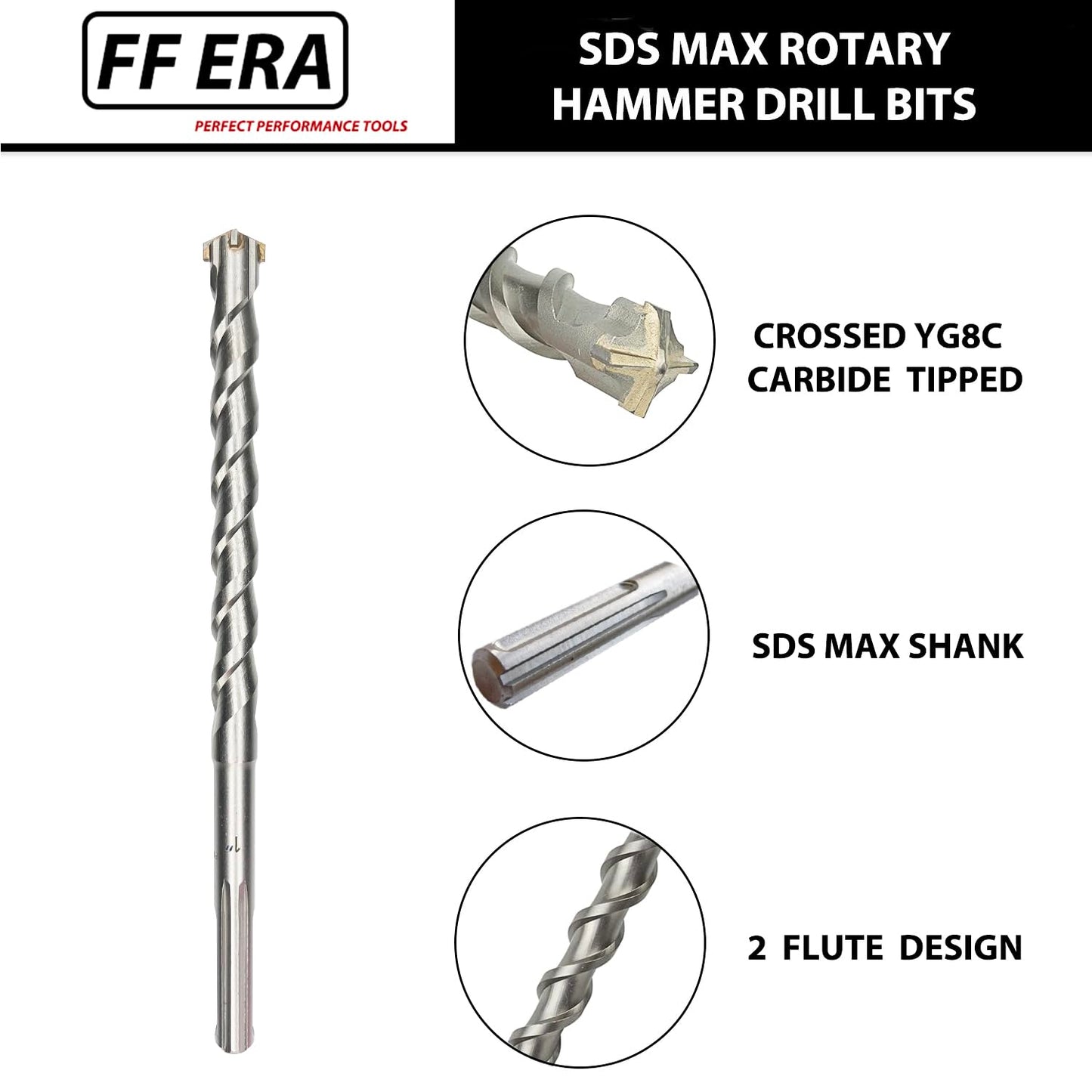 FF ERA SDS MAX Rotary Hammer Drill Bits – U-Flute - Masonry Drill Bits - Carbide Tipped for Brick, Stone, Concrete - 1/2'' 3/4'' 5/8'' 7/8'' 1'' x 13'', 1-1/8'' 1-1/4'' 1-1/2'' x 15'' (8-Piece Set)