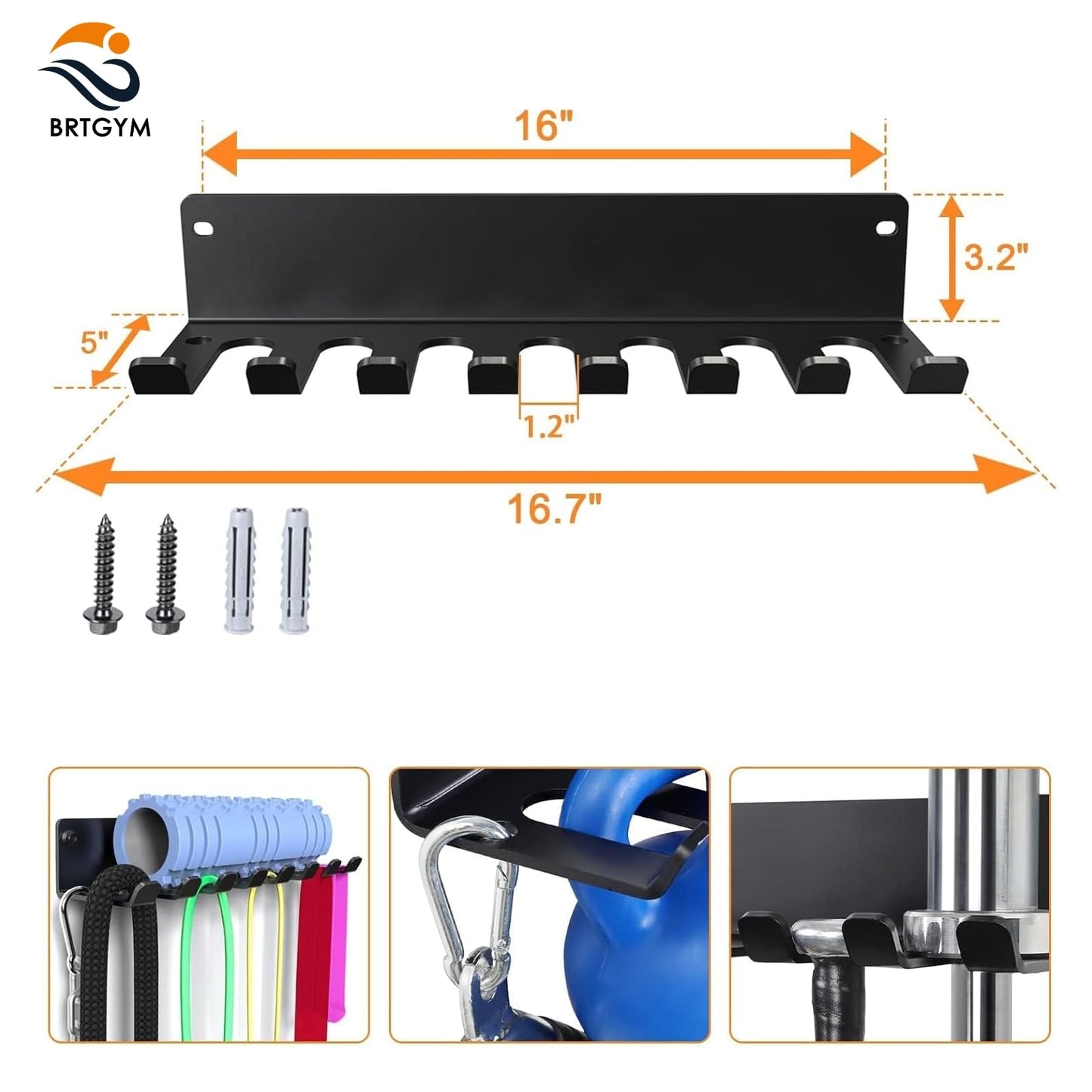 BRTGYM Gym Rack Organizer, Home Gym Accessories Hanger, Wall Mount Hooks for Olympic Barbells, Row Handles, Bats or Tools (E-Book Instruction Included)