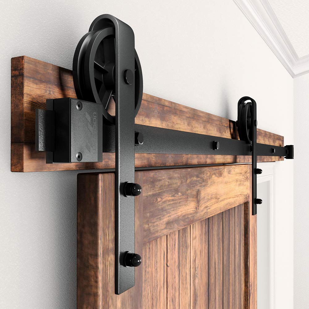 WINSOON 5-16FT Single Wood Sliding Barn Door Hardware Basic Black Big Spoke Wheel Roller Kit Garage Closet Carbon Steel Flat Track System (6.6FT)