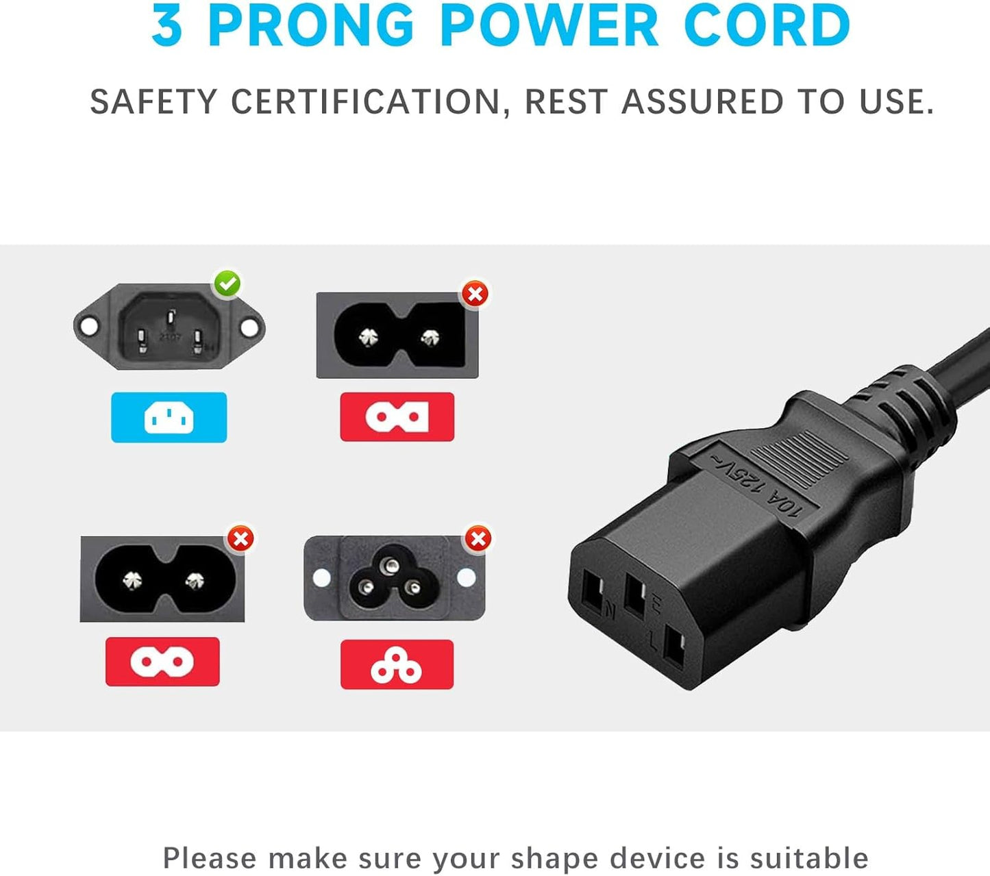 LIFKAHY 5ft 3 Prong Power Cord Replacement for HP Dell Acer Asus Lenovo Laptop Power Cable