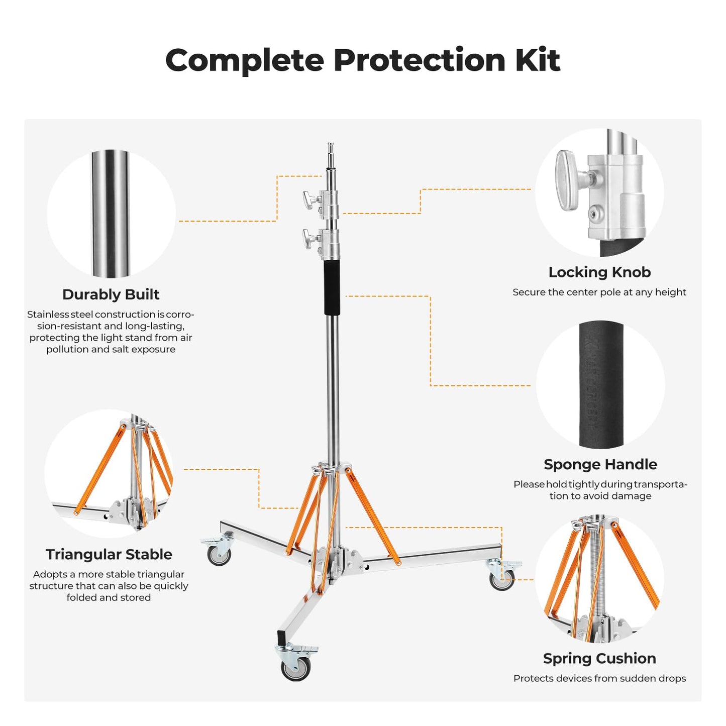 K&F CONCEPT Heavy Duty Light Stand with 360° Swivel Casters & Step-On Brakes, 10ft/305cm Adjustable Stainless Steel Tripod Stand for Studio Photography, Supports COB Lights, Softboxes up to 30kg/66lb
