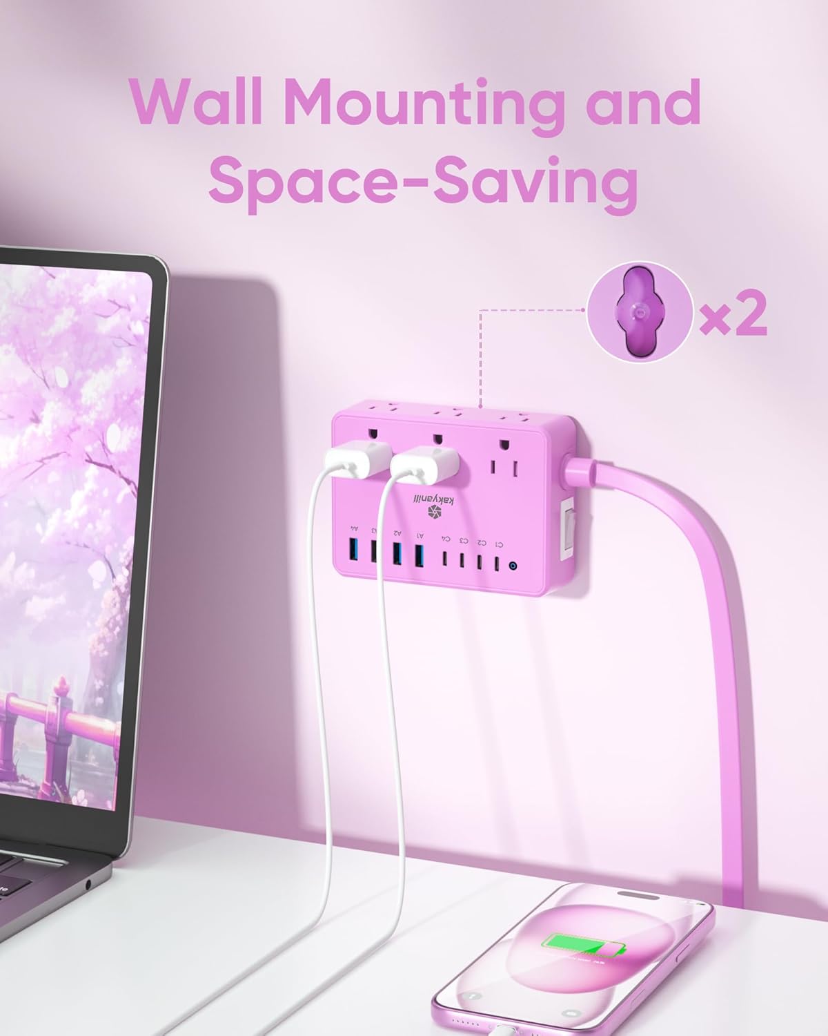 kakyanill 6 8 Ports(4 2000J 5ft Purple Power Strip, AC Outlets USB USB C) with Surge Protector, Flat Plug Purple