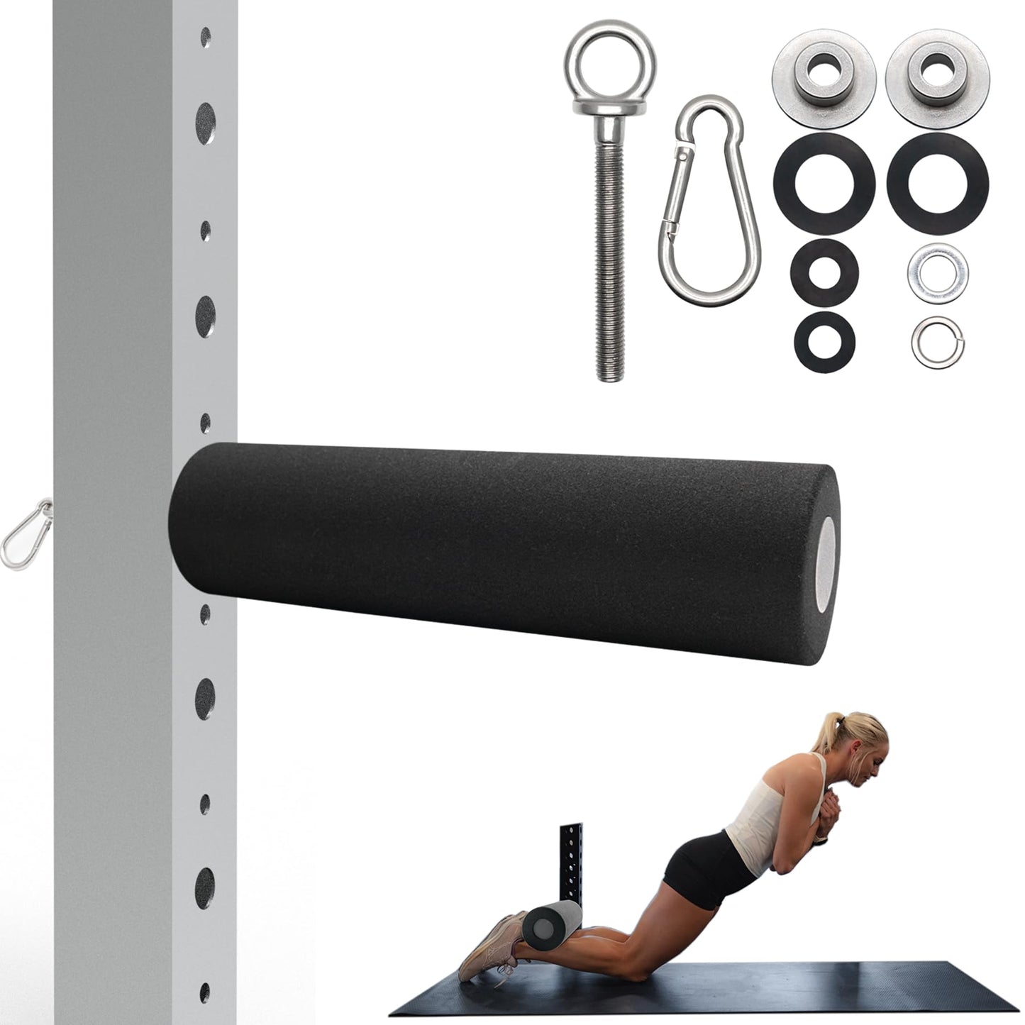 Vatemechie Nordic Hamstring Curl Squat Rack Attachment for 2"x2"/3"x3"/2"x3" Power Rack with 1/2"/1" Hole, Quick-Connect Carabiner & Resistance Band Hook, 1" Thick Comfort Foam