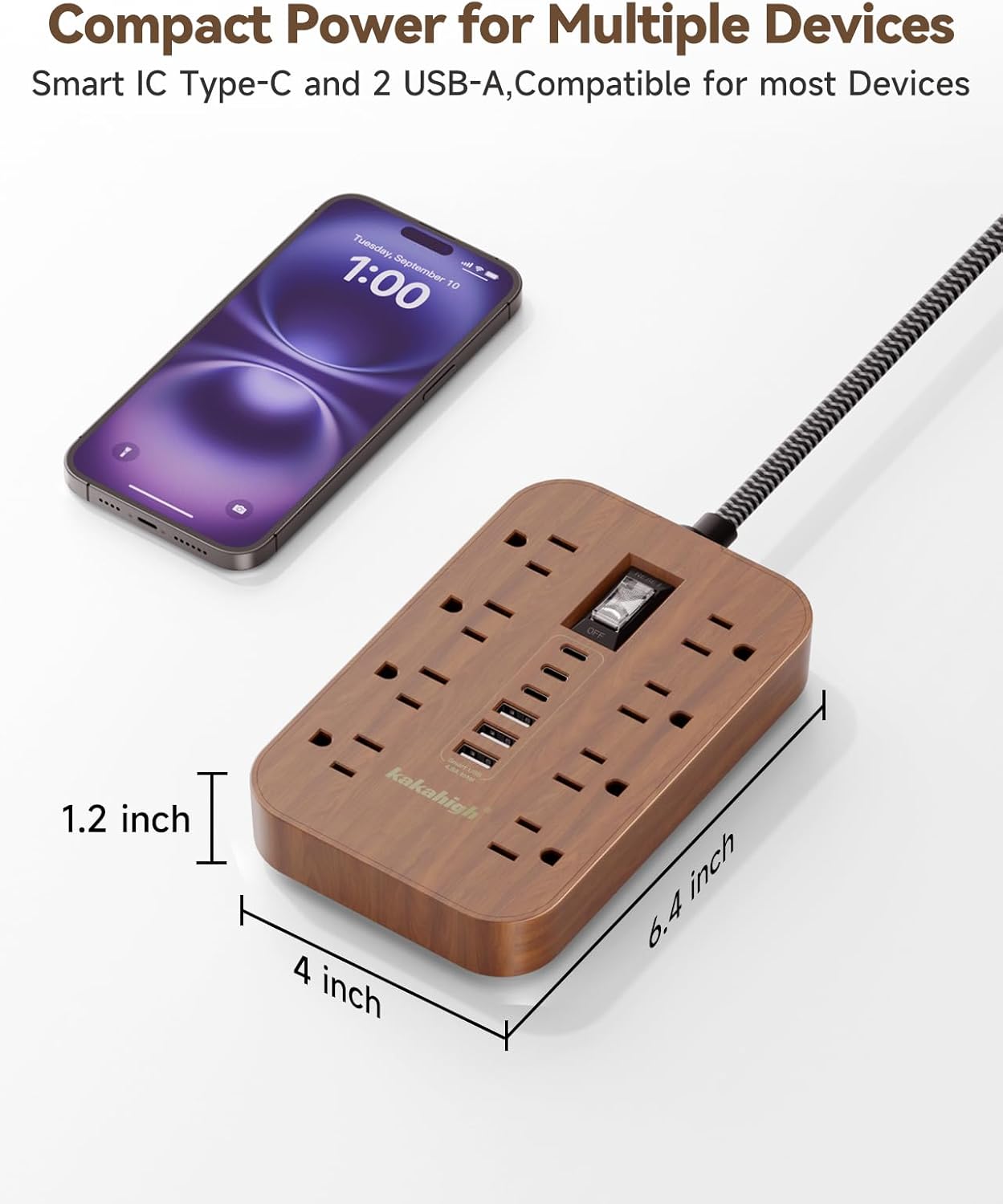 kakahigh 5 1625W 8 6 Walnut Power Strip with USB Ports - FT Wood Power Strip, Decorative Extension Cord with AC Outlet