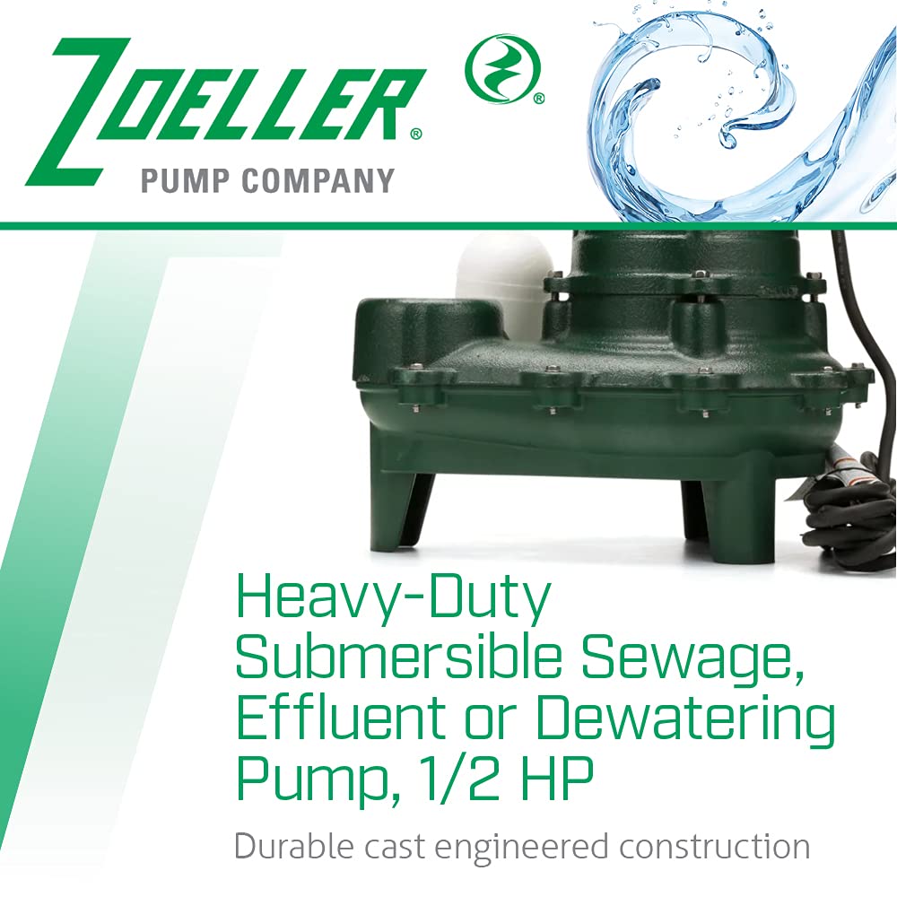 Zoeller Waste-Mate 267-0001 Sewage Pump, 1/2 HP Automatic – Heavy-Duty Submersible Sewage, Effluent or Dewatering Pump