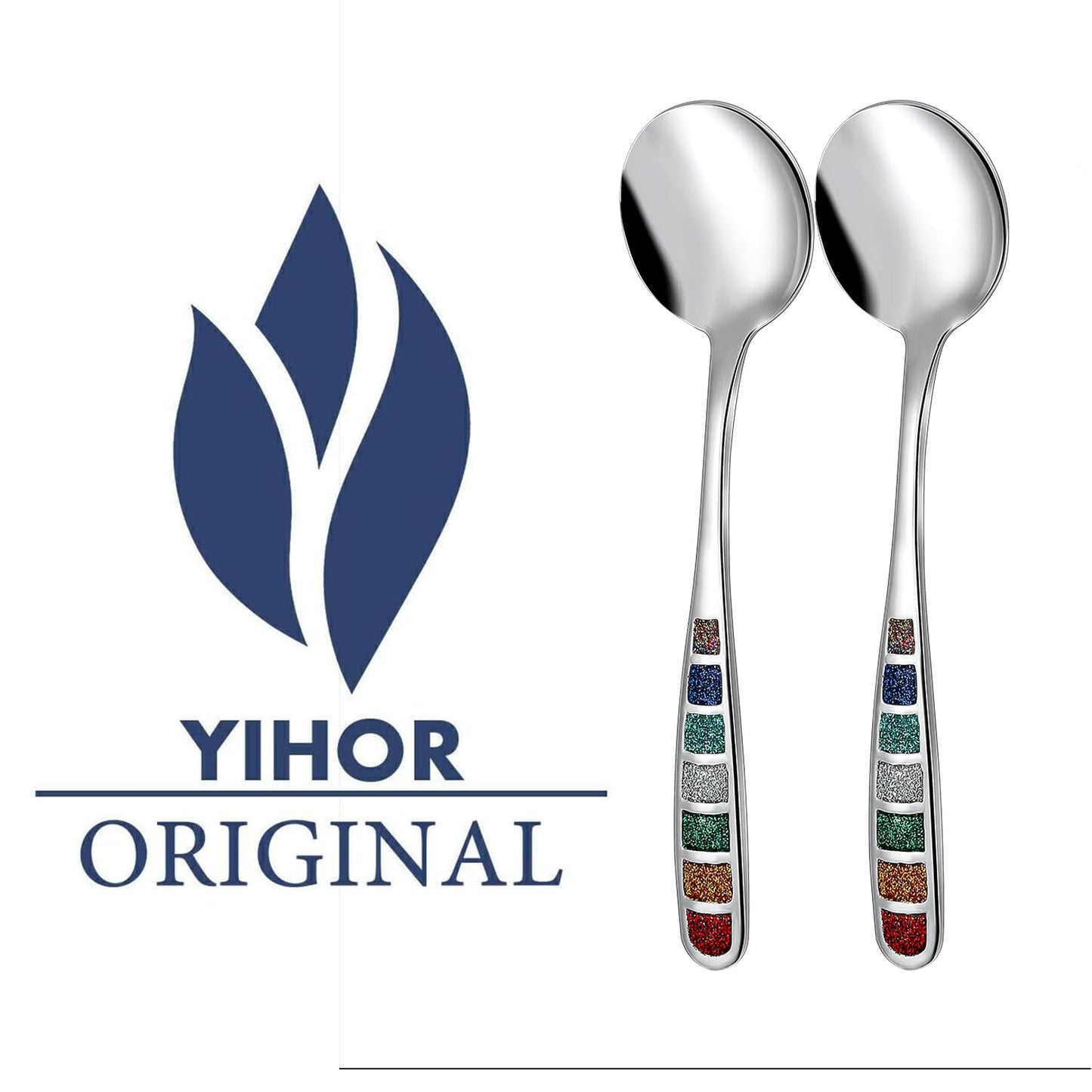 YIHOR Premium 7.24" European Soup Spoons, Stainless Steel creative colorful enamel spoon drinking spoon, Dishwasher Safe Disinfection cabinet Set of 6