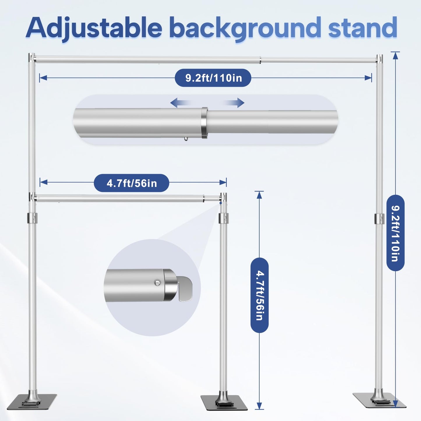 Qoolfoto Pipe and Drape Backdrop Stand Kit 9.2x9.2ft, Adjustable Heavy Duty Photography Background Frame with Metal Flat Base & Carry Bag for Wedding, Parties, Events, Trade Shows- Silver