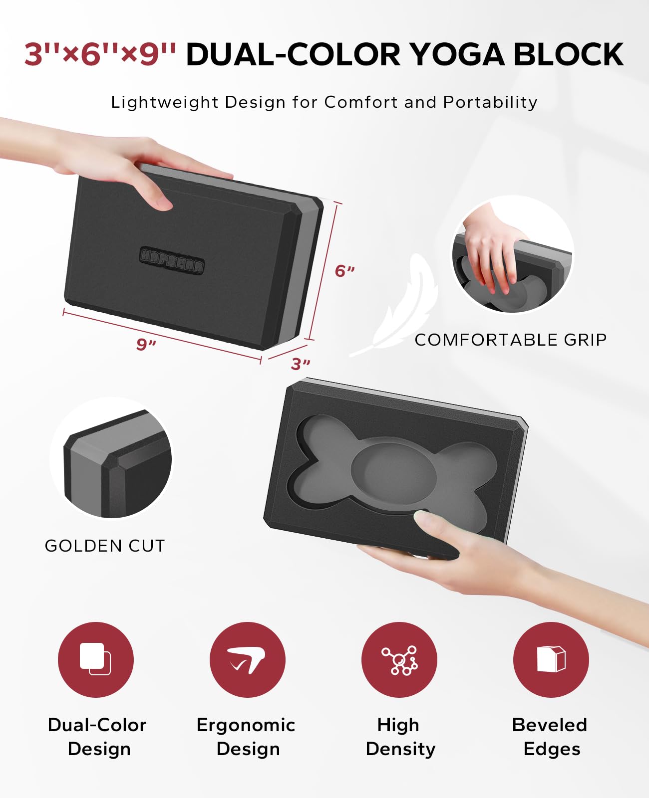 HAPBEAR Yoga Blocks 2 Pack - 9x6x3in High-Density EVA Foam with Non-Slip Textured Surface, Supportive for Deep Stretching & Lightweight - Ideal for Yoga, Pilates - Black