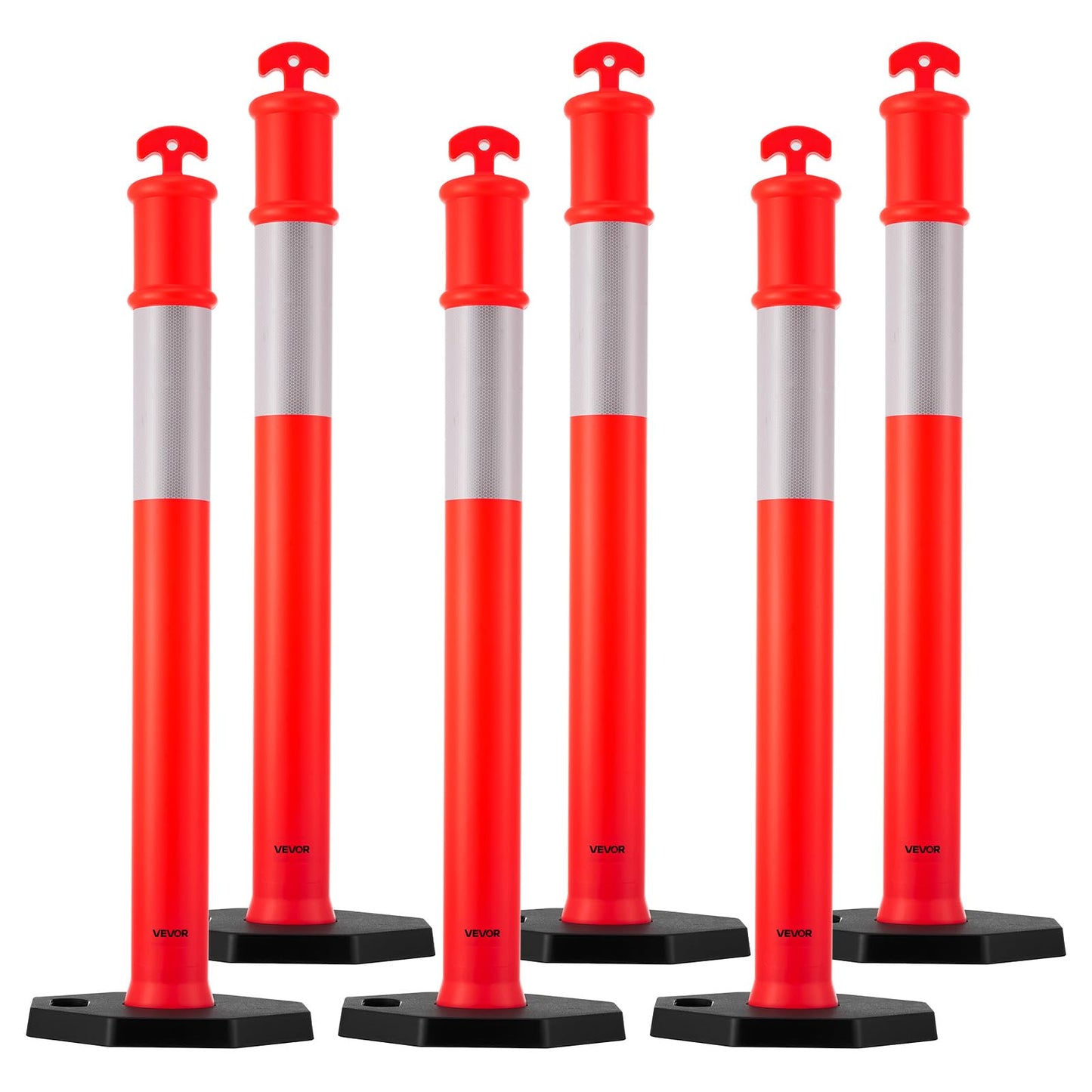 VEVOR 6 Pack Traffic Delineator Posts, 45 inches Traffic Safety Cones with Weighted Base and Reflective Strips, Heavy Duty Delineator Posts for Construction Site, Parking Lot, Crowd Control, Red