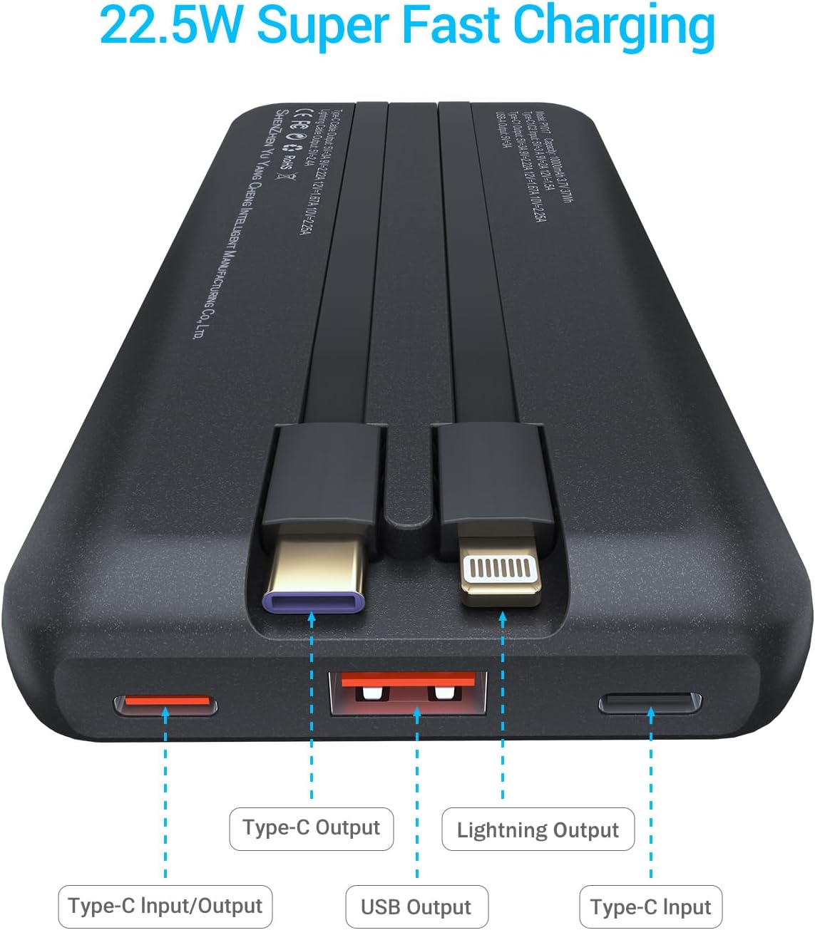 Antteez 10000mAh 22.5W Pack 4 2 Portable Charger with Built in Cable - Fast Charging Power Bank USB C LED Display