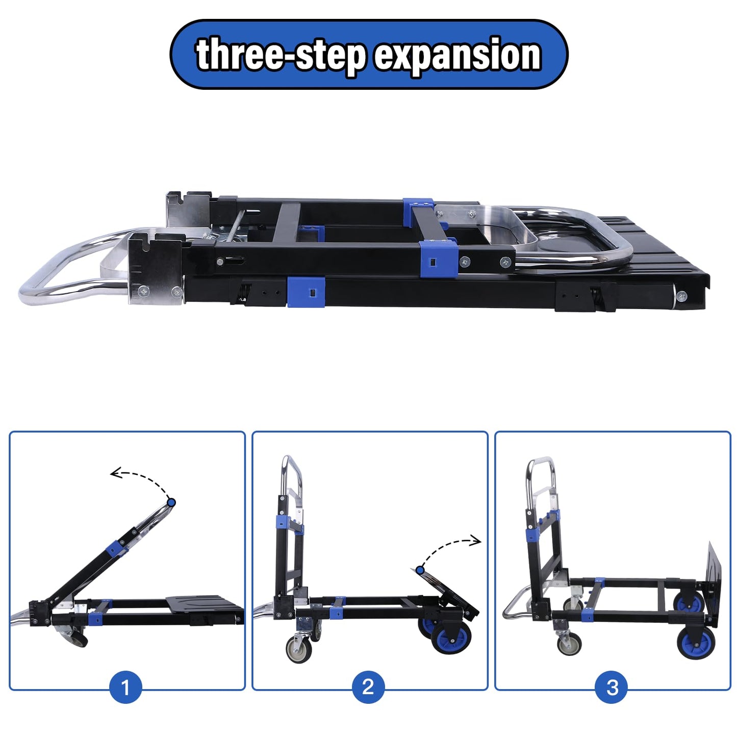 Upgraded 3 in 1 Folding Hand Truck, 600lbs Capacity, Heavy Duty Convertible Dolly with Retractable Handle and 4 Rubber Wheels, Collapsible Cart for Moving Home, Office, Warehouse (Blue)
