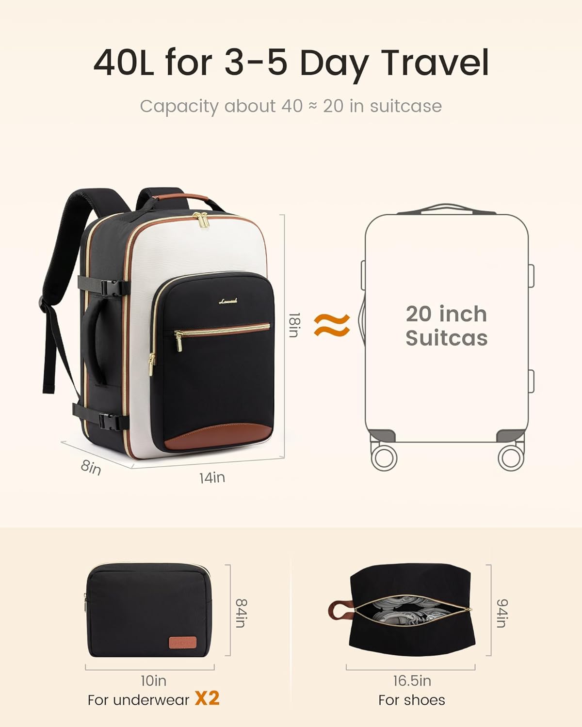 Backpack 40L Backpack 17" 3 Packing LOVEVOOK Large Travel for Women & Men, Carry on for Airplanes, TSA Personal Item
