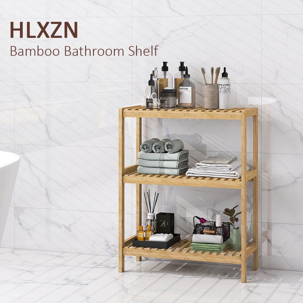 HLXZN 3-Tier Bamboo Freestanding Shelf Unit, Multifunctional Small Bookshelf Bookcase for Bathroom, Kitchen, Living Room, Office