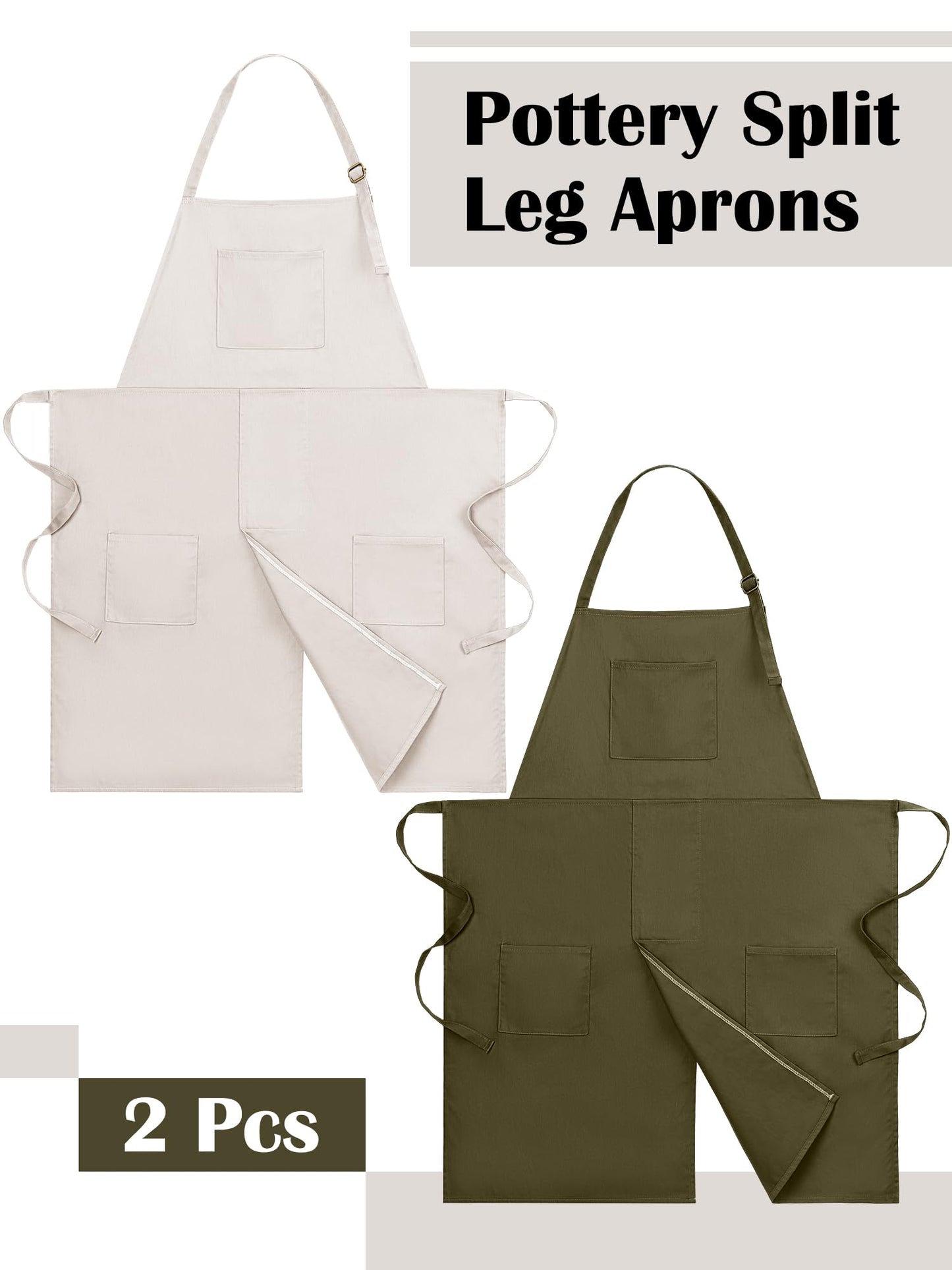 Breathffy 2 Pcs Pottery Apron Split Leg Adjustable Ceramics Apron with 3 Pocket Pottery Smock for Women Men Ceramic Wheel DIY(Sage Green, Beige)