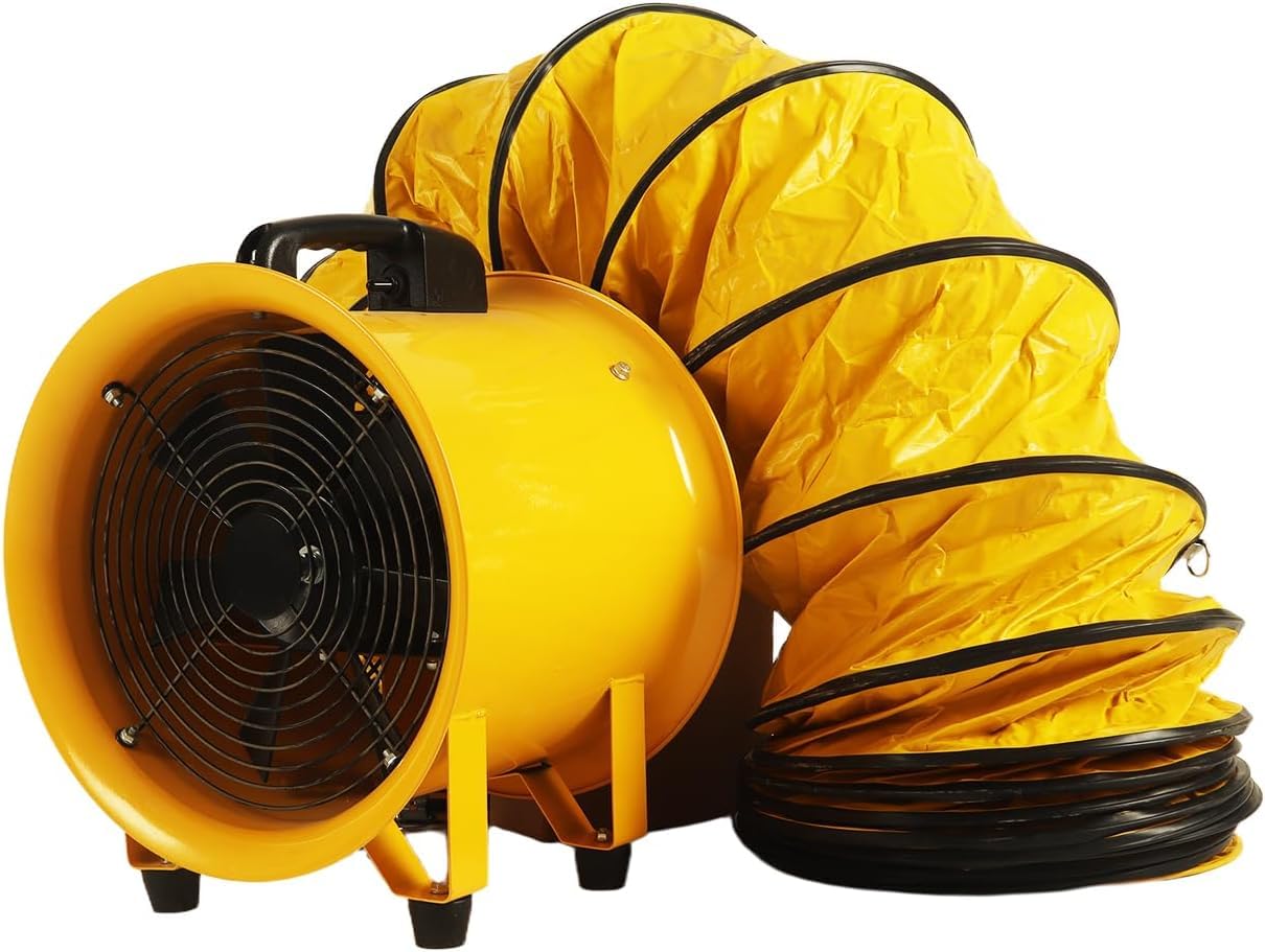 12 Inch Utility Blower Fan with 16 Ft Flexible Duct Hose, 2882 CFM High Velocity Industrial Ventilation Exhaust Fan, Portable Axial Ventilator with Ball Bearing Motor for Workshop, Basement, Job Site.