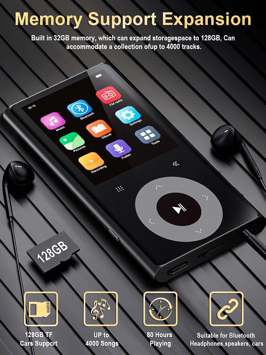 CCHKFEI 64GB MP3 2.4" MP3 MP3 128GB Player with Bluetooth Screen Hi-Fi Lossless Sound Bluetooth Player Built-in Speaker