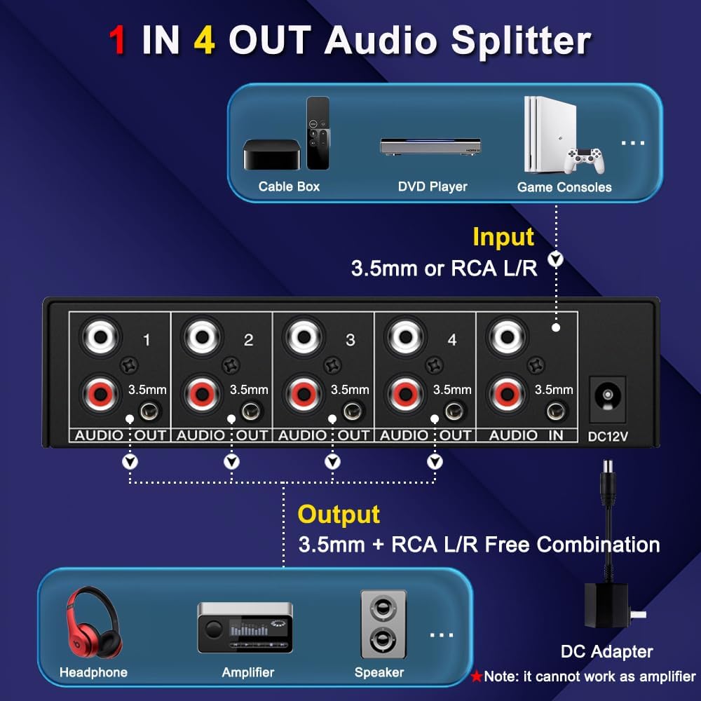 FlyroadUp 3.5mm 1 4 Aux + RCA L/R Audio Splitter in Out Stereo Analog Audio Distributor Box