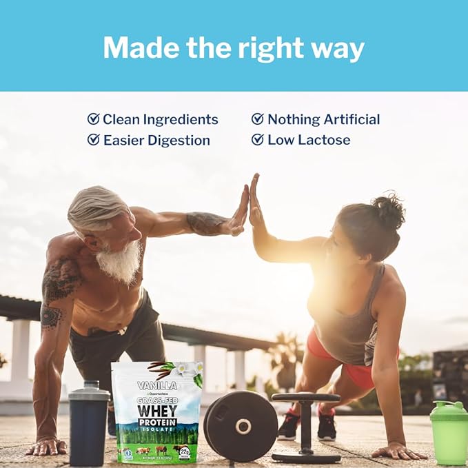 Opportuniteas Grass Fed Vanilla Whey Protein Isolate Powder - 22g Protein Powder Without Artificial Sweeteners, Hormone-Free Cows, Non GMO - 2.5lb