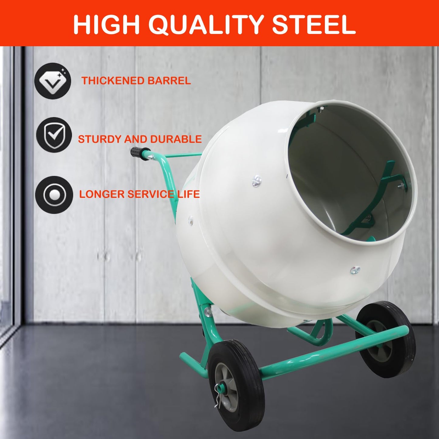 HayWHNKN 6.3 Cu.Ft Electric Concrete Mixer Cement Mixer Portable 4 Steel Blades Cement Mixing Machine Concrete Mortar Steel Drum with Wheels for Cement Sand Rack
