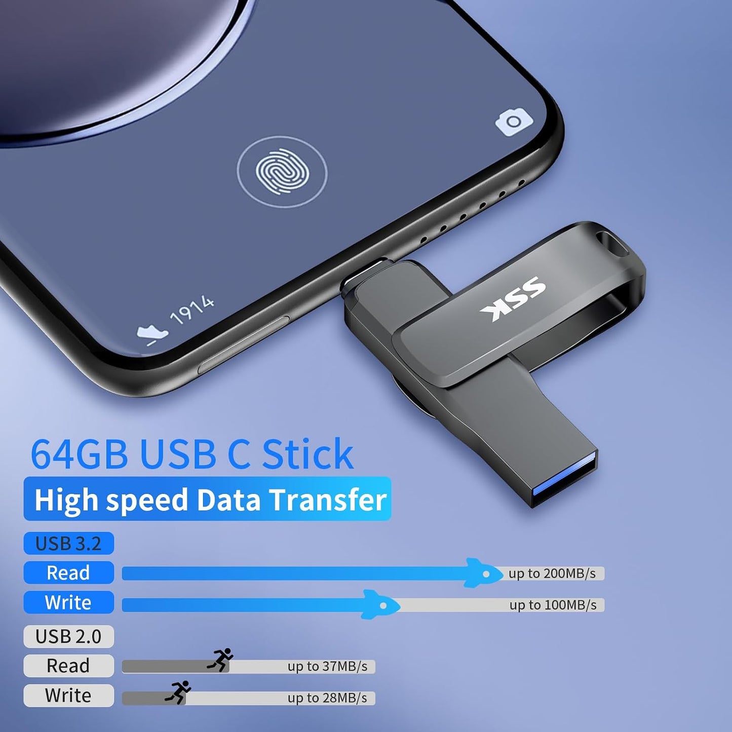SSK 3.2 64GB,Up 200 USB Flash Drive to MB/S Read Speed USB C Memory Stick,Dual USB C Thumb Drive with USB Type-C