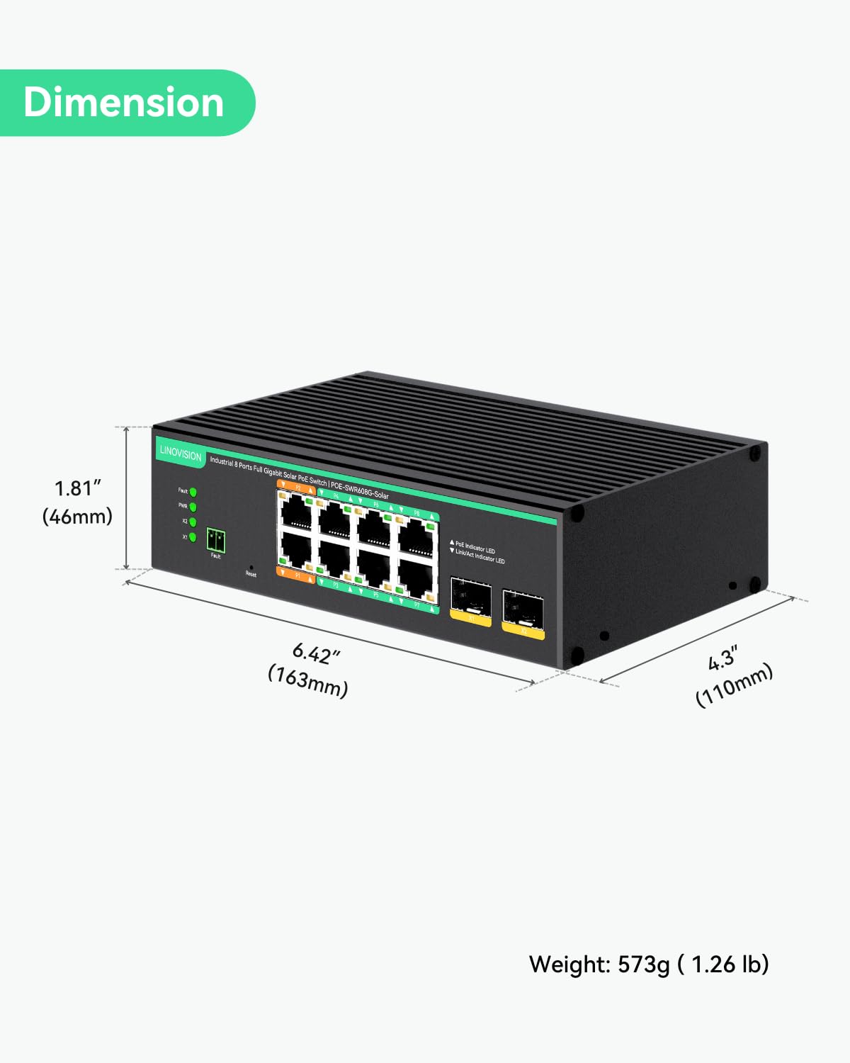 LINOVISION Industrial 8 Ports Full Gigabit PoE Switch Support DC 12~57V Input, 24V/ 12V PoE Switch for Solar or RV UPS System, 2 High PoE+ Ports for Big PTZ Cameras or Wireless APs. NDAA Compliant