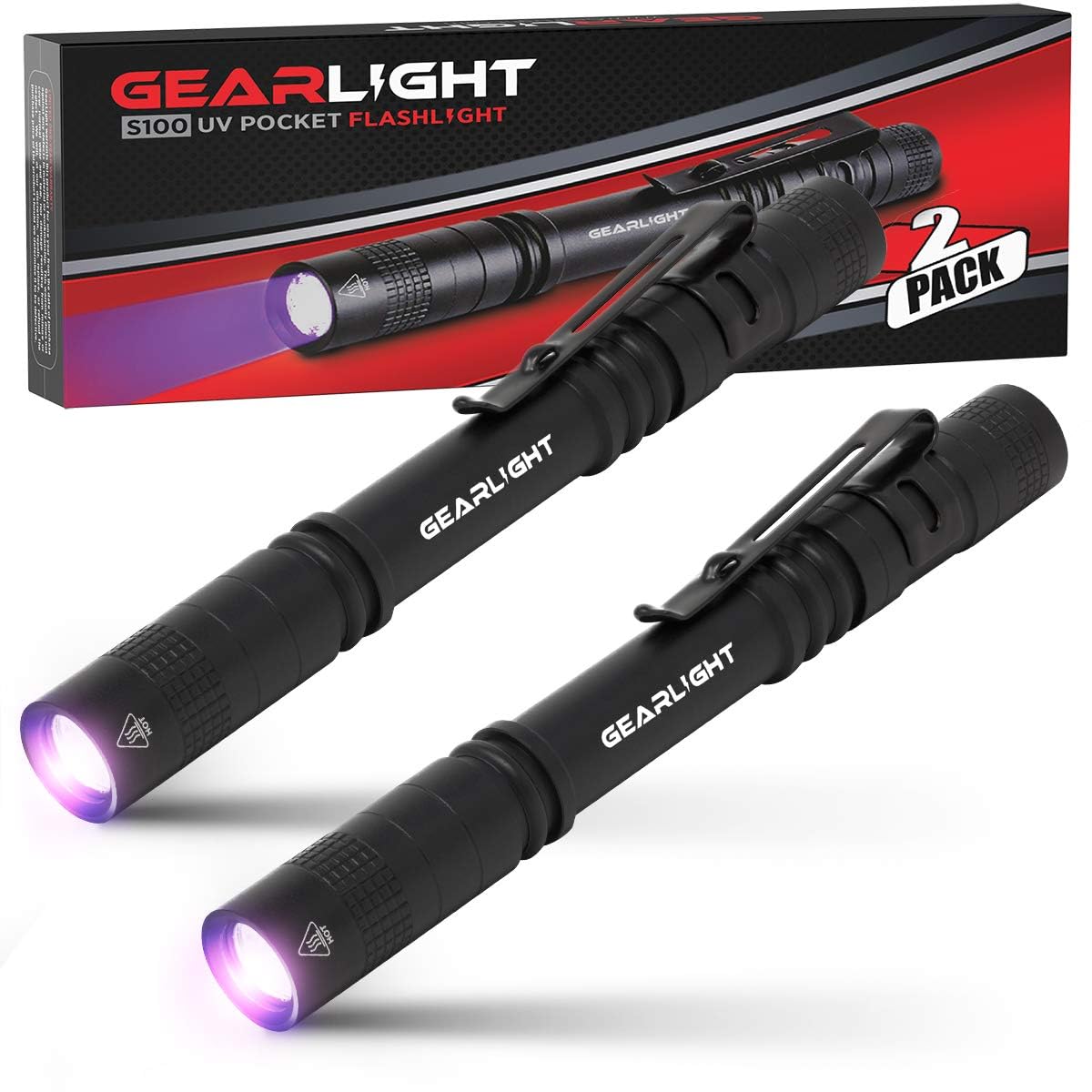 GearLight UV Black Light Flashlight S100 - 2 Pack Mini Blacklight for Leak Detection, Pet Urine, Stains - Black Color