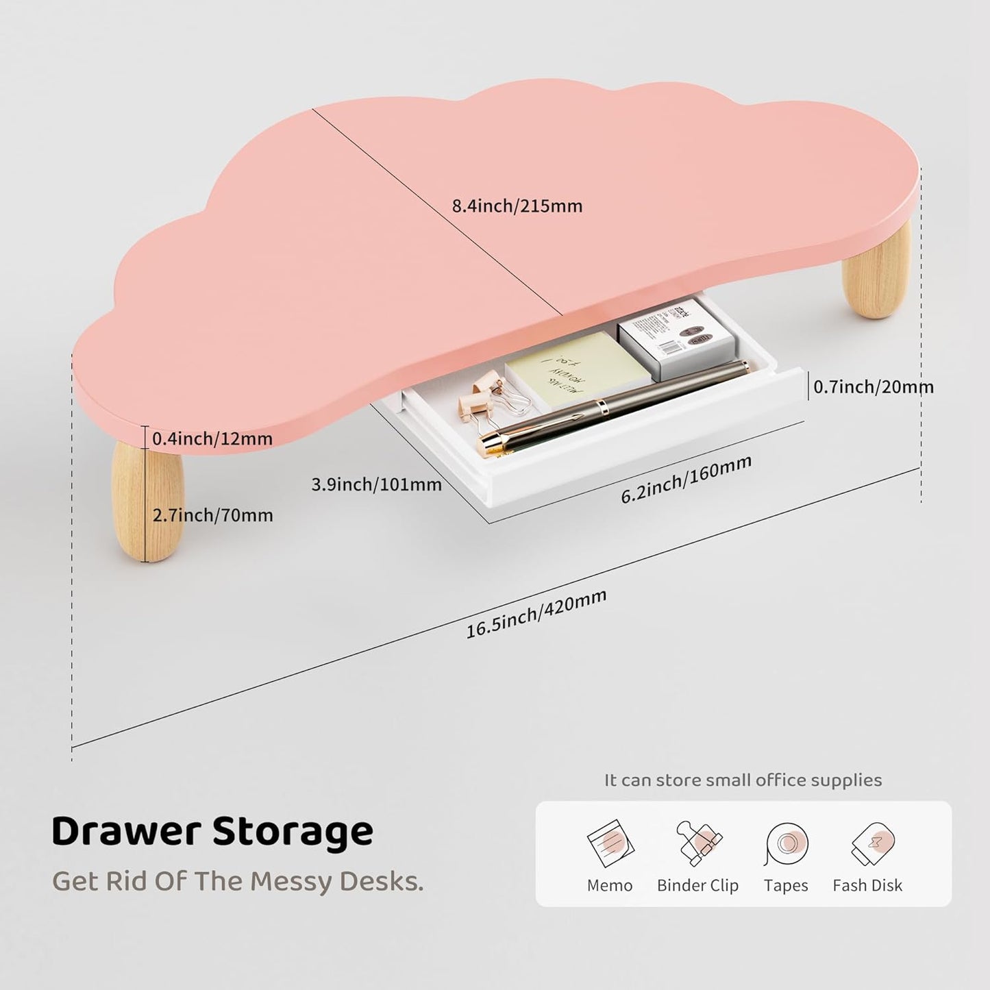 16.5In AFOOYO Monitor Stand Riser,Cloud-Shaped Sturdy Wood Computer Monitor Riser Wirh Drawer, Multi-Purpose Desktop