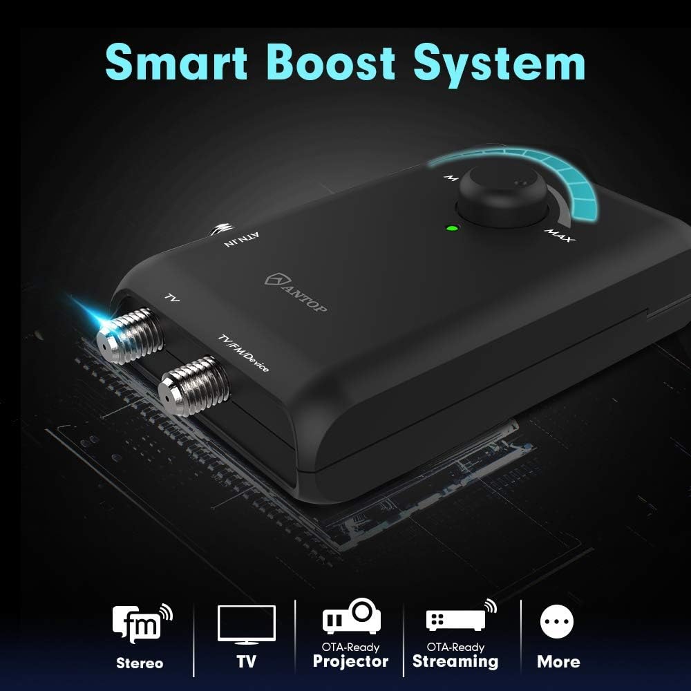 ANTOP 2 HD Smart Boost Antenna Amplifier,TV Antenna Amplifier Signal Booster, HDTV Booster with Dual Outputs for TVs