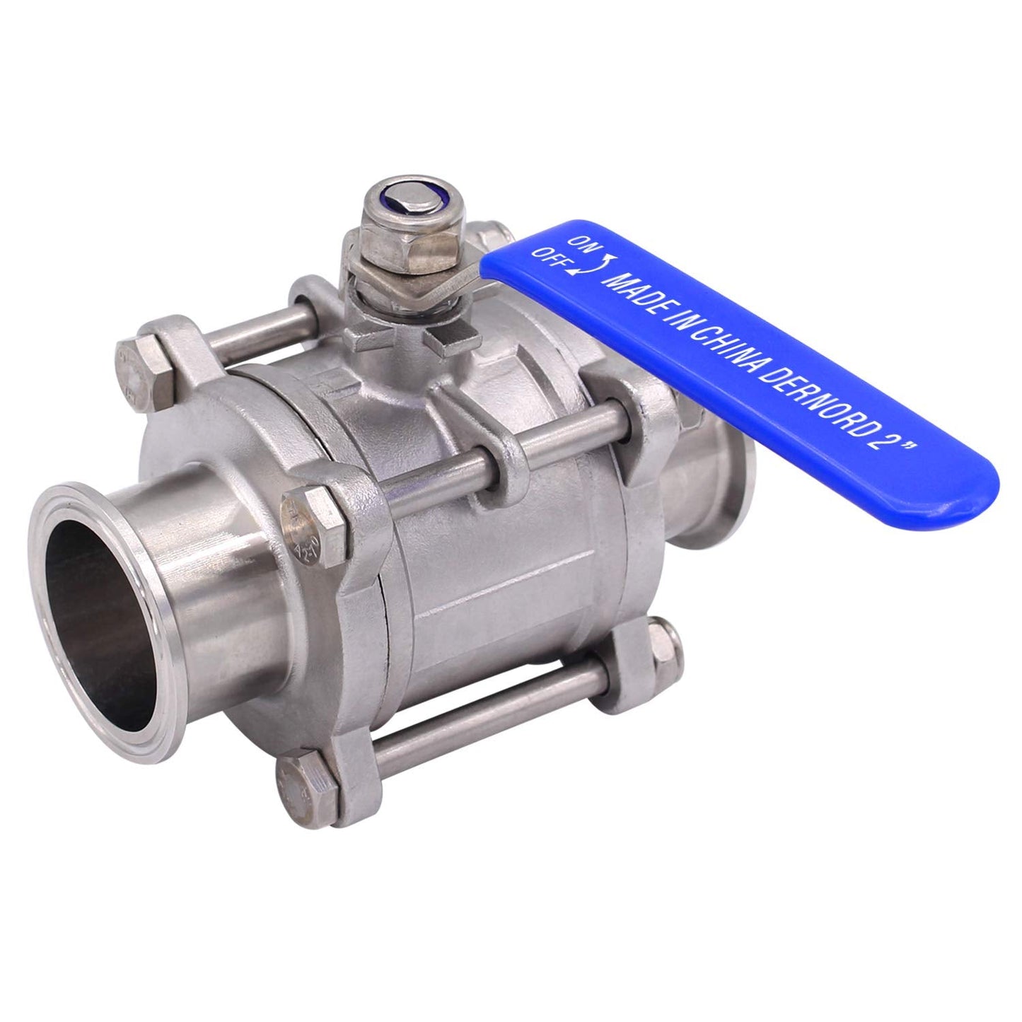 DERNORD 2" Sanitary Ball Valve Fits 2" Tri-Clamp Clover Stainless Steel 304, PTFE Lined, Two Way & Three Piece (2 Inch Tube OD Quick Clamp)