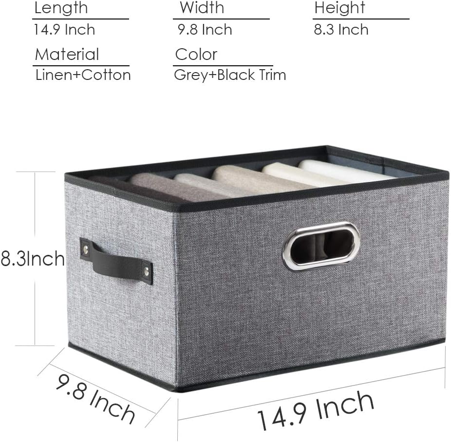 PRANDOM Large Foldable Storage Bins - Decorative Linen Fabric Baskets with Leather Handles | 3-Pack, Grey & Black Trim (14.9x9.8x8.3 Inch)