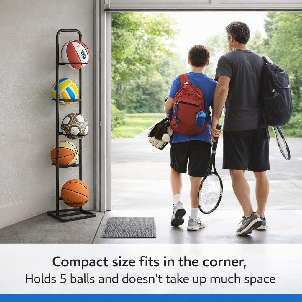 MLUPODY Vertical Ball Rack -basketball rack- Durable Carbon Steel Storage for Basketball, Soccer, Volleyball, and More - Easy to Assemble, Waterproof, Sturdy - 56.7" H