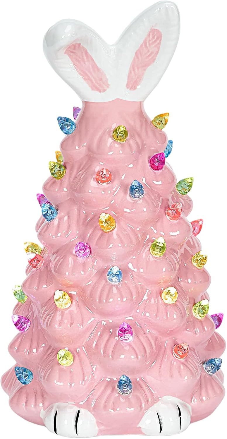 Skiennix Cute Ceramic Easter Bunny Decor - Light-Up Spring Tabletop Decoration for Kids (Pink)