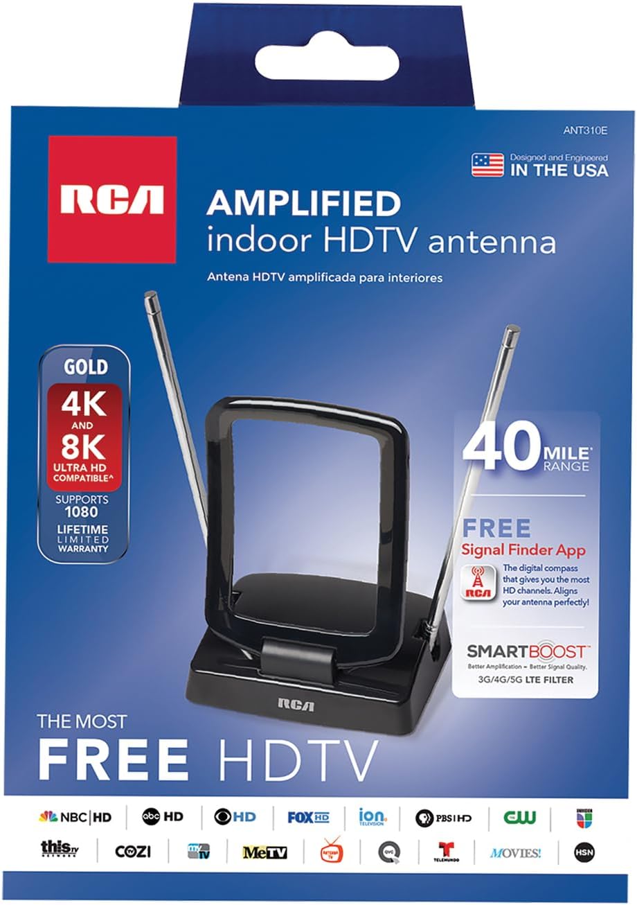 RCA ANT310Z Amplified Indoor FM and TV Antenna in Black