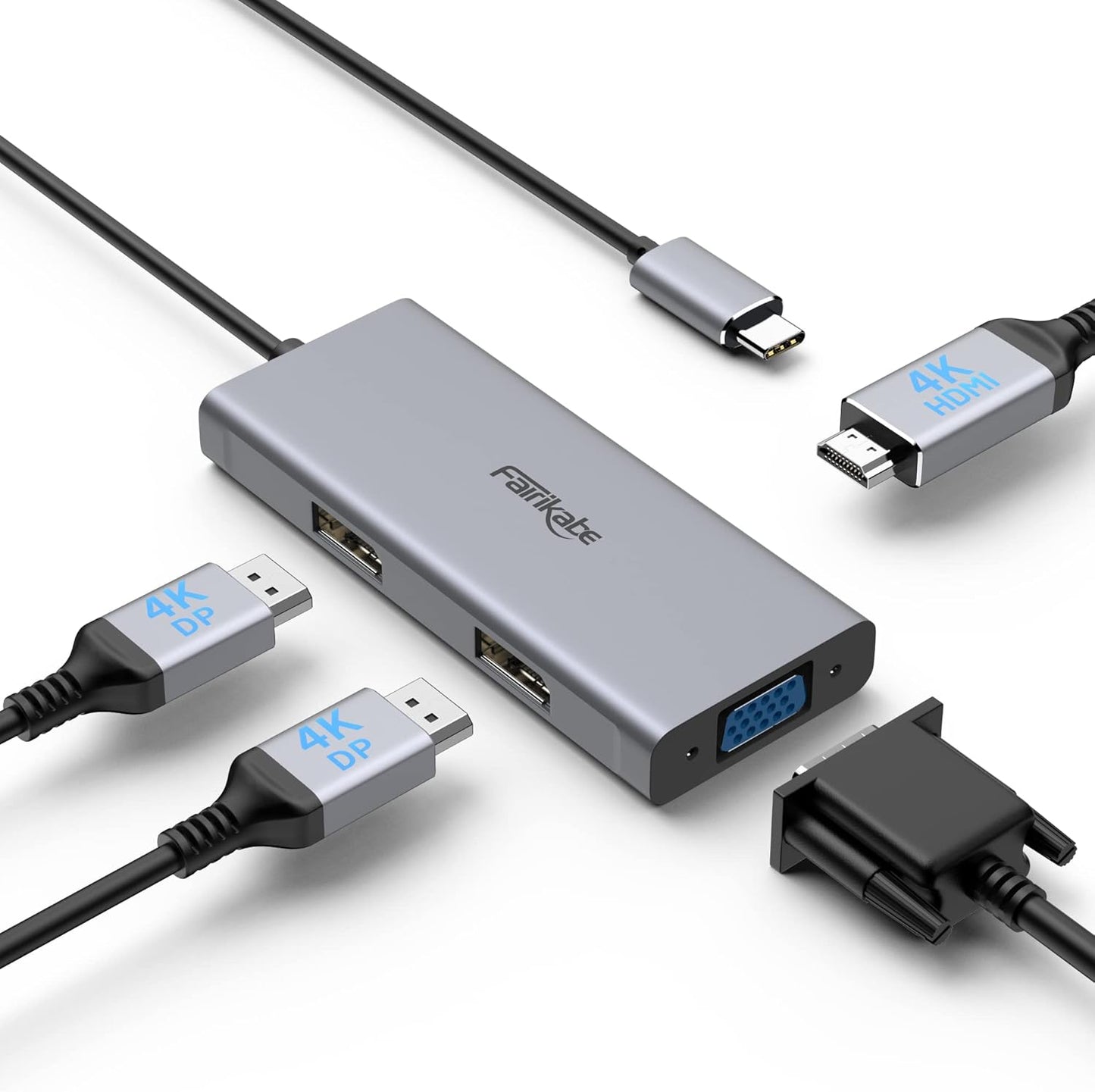 fairikabe 4in1 4K USB C Docking Station Dual Monitor Display Port Splitter, USB-C to Dual DisplayPort Hub HDMI VGA