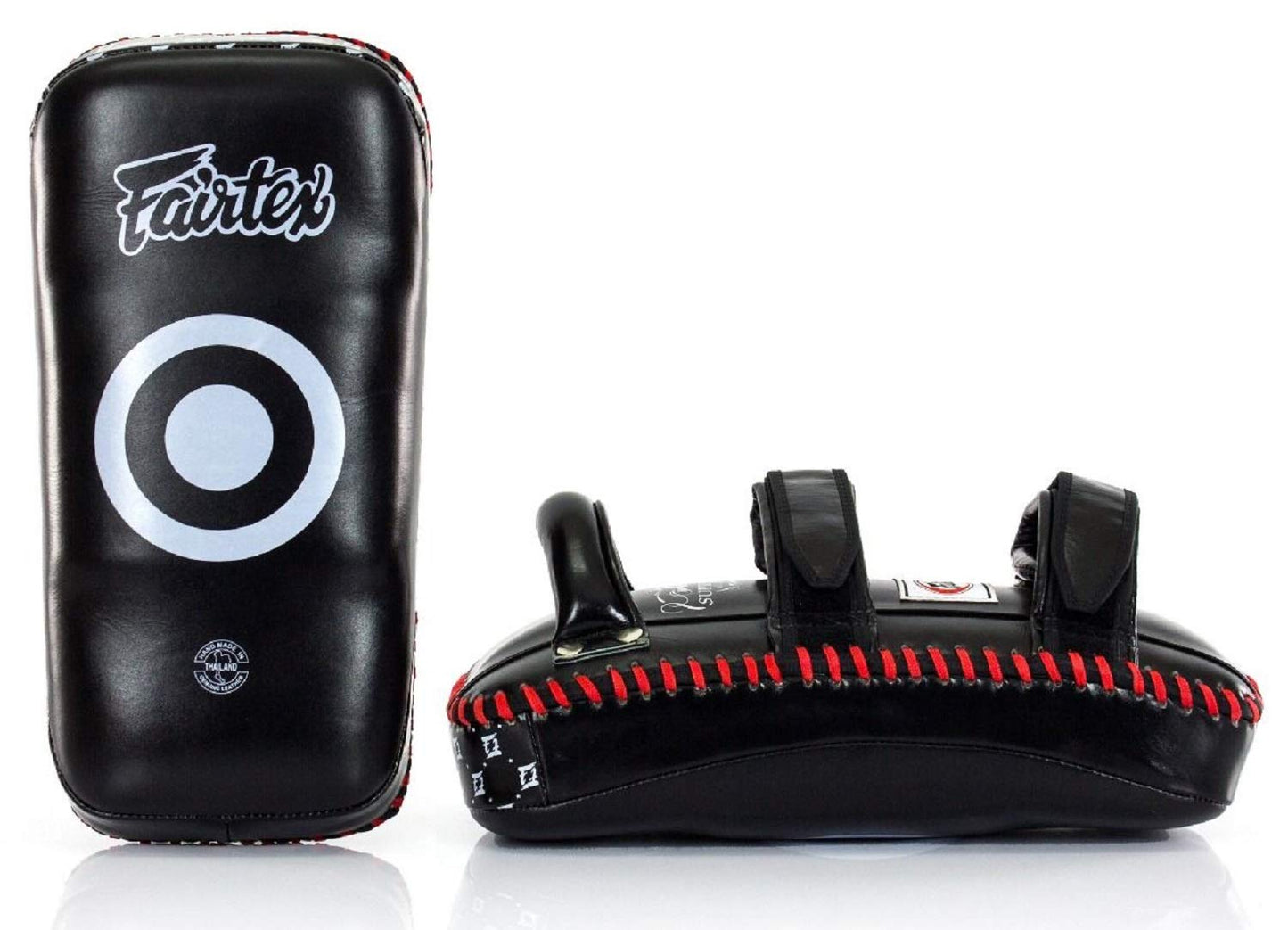 Fairtex KPLS2 Muay Thai Kick Pads Superior All Genuine Leather | Professional Training Pads for Boxing, MMA, and More | Cow Hide Leather, Curved Design, Hook & Loop Closure, Padded Straps (Black/Red)