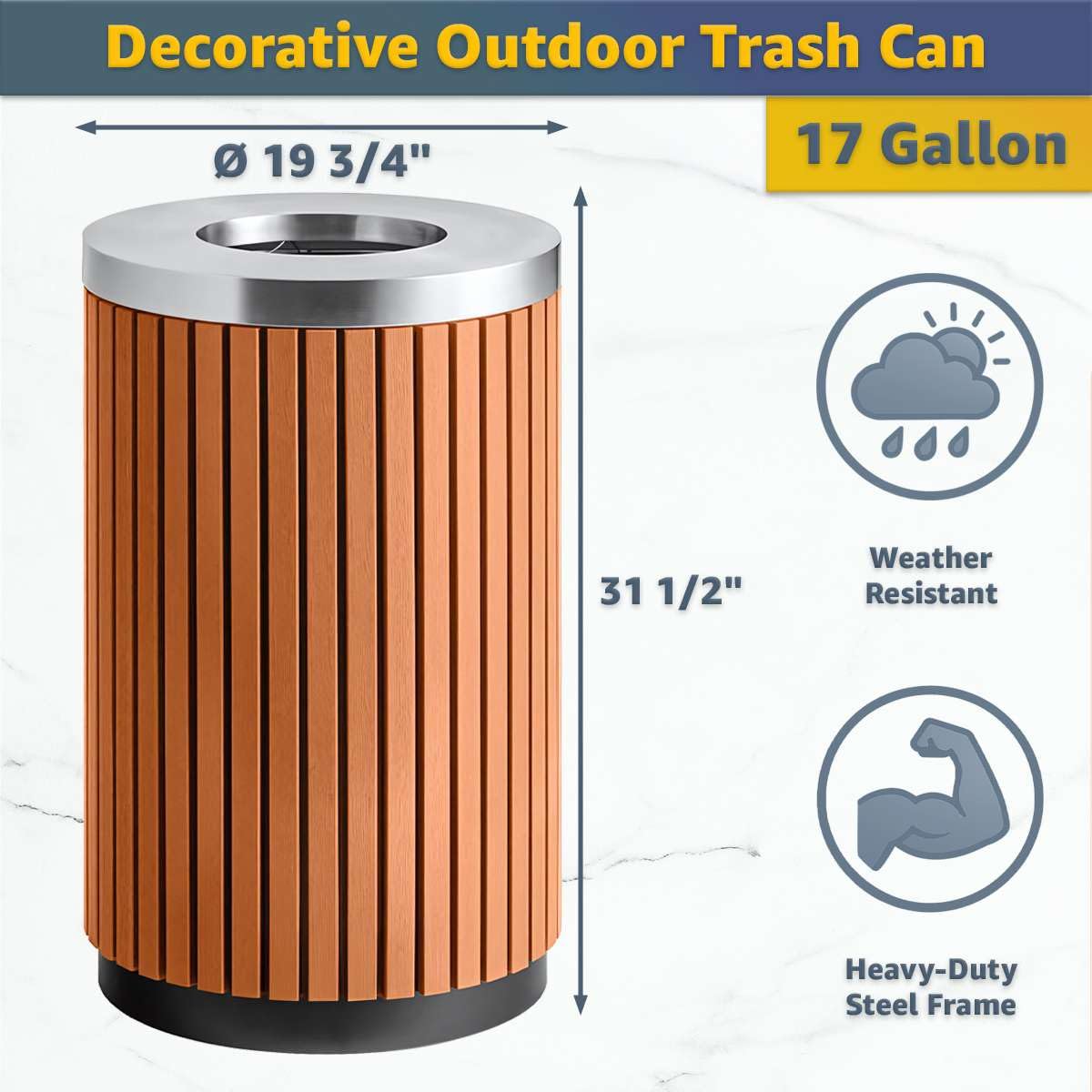 Zedfire 17 Gallon Round Outdoor Trash Can - Heavy Duty Steel & Wood Composite Commercial Decorative Garbage Bin with Open Lid, Durable Park, Retail & Transit Waste Container