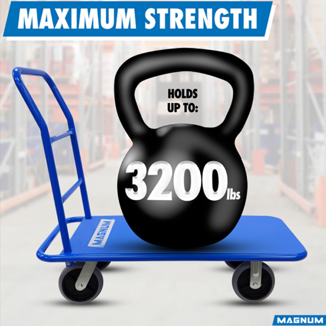 MAGNUM Steel Platform Truck, 43 x 22 Flatbed Cart with Non Marking Casters, 3200 Pound Heavy Duty Cart, Powder Coated Push Cart Dolly, Swivel & Locking Caster Flat Cart, Platform Hand Truck (CAFM2247)