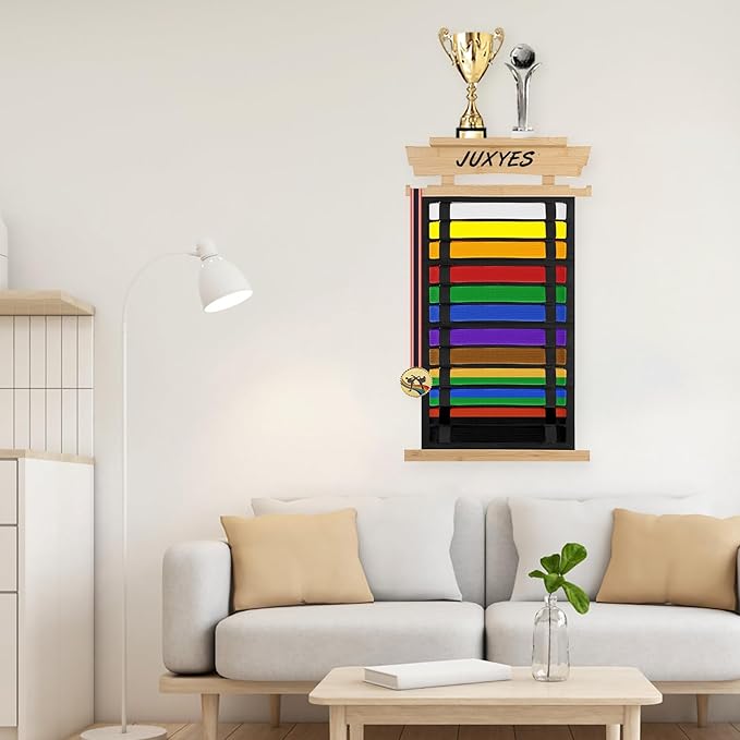 JUXYES Wall Hanging Martial Arts Belts Organizer with Trophy and Medal Display Rack, Bamboo Karate Belt Display Holder Rack, Wall Mounted Taekwondo Belt Display Holder for Martial Arts Learners