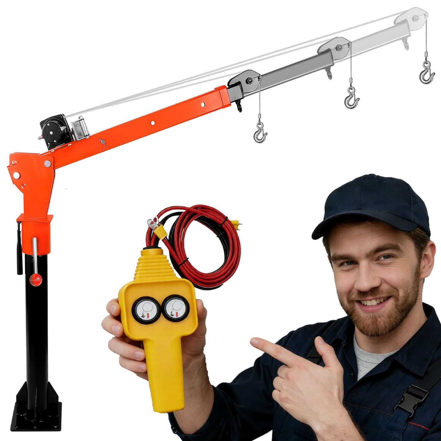 DEFNES 7000LBS Truck Bed Crane, 5000LBS 12V Electric Winch, Painted Alloy Steel Pickup Truck Jib Crane 360° Swivel Lift Electric Hoist, 3 Adjustable Loads & Heights, Truck Crane for Truck (5000LBS)