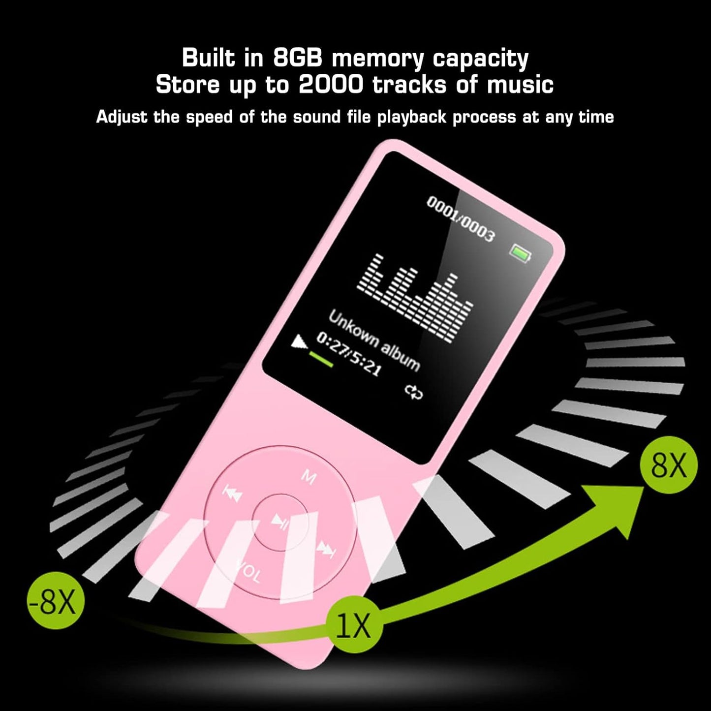 Zopsc 8GB MP3 1.8in 64GB Player, Music Player with FM Radio, Movies, Music, Ebook, Supports Up