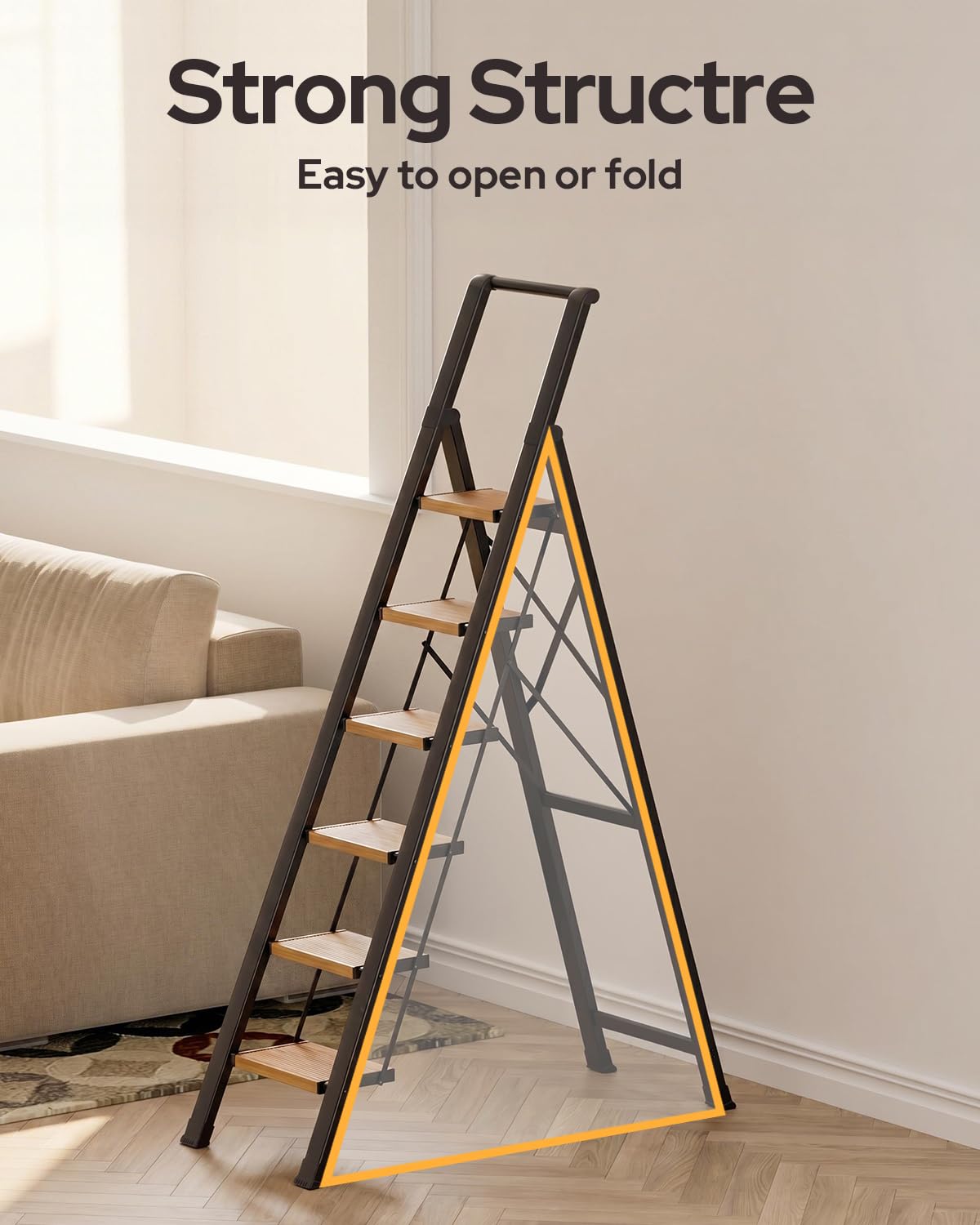 GameGem 6 Step Ladder for 12 Feet High Ceiling, Lightweight Aluminum Folding Step Stool with Convenient Handgrip, Stepladders with Anti-Slip and Wide Pedal for Home Use Space Saving - Black+Woodgrain