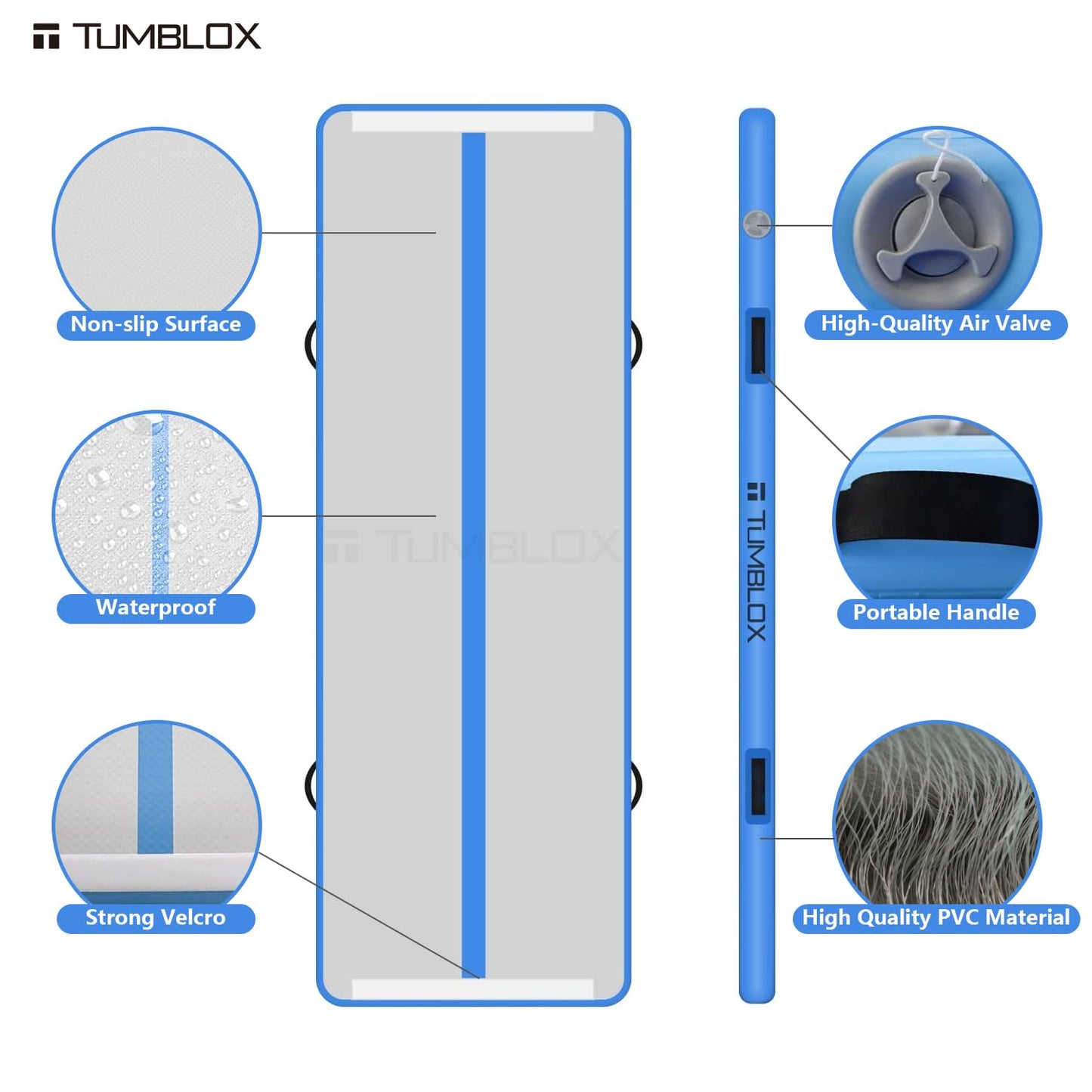 TUMBLOX Air Gymnastics Mat Inflatable & Tumbling Mat – 4/8 Inches Thick with Electric Pump + Free Foot Pump – Ideal for Home, Gym, Water, and Beach Use (Blue, 10ft*3.3ft*4in(3 * 1 * 0.1m)