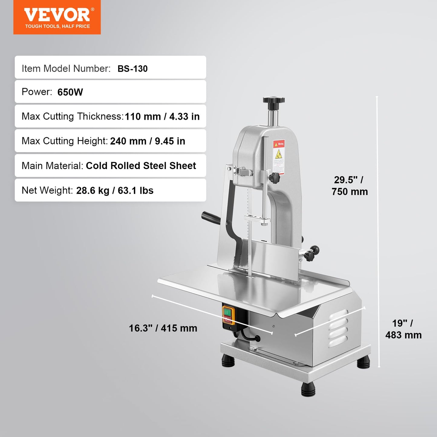 VEVOR Commercial Electric Meat Bandsaw, 650W Stainless Steel Countertop Bone Sawing Machine, Workbeach 12.4" x 18.1", 4.33 Inch Max Cutting Thickness, Frozen Meat Cutter for Rib Pork Beef