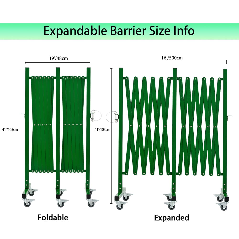 GYMTIME Industrial Expandable Metal Barricade, 16 Feet, Green, Folding Security Gate Safety Barrier with Casters, Flexible Mobile Barrier Gate, Adjustable Traffic Fence
