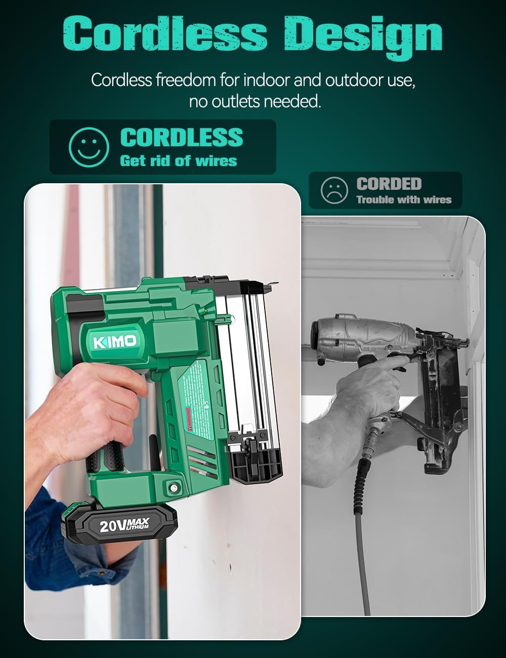 KIMO 2" Brad Nailer Cordless 18 Gauge w/ 20V Battery 2.0Ah X 2, 1000pcs Nails and Staples, 2 Firing Modes,180 Nails/min, Adjustable Nailing Depth, 2 in 1 Cordless Nail Gun and Stapler for DIY Project