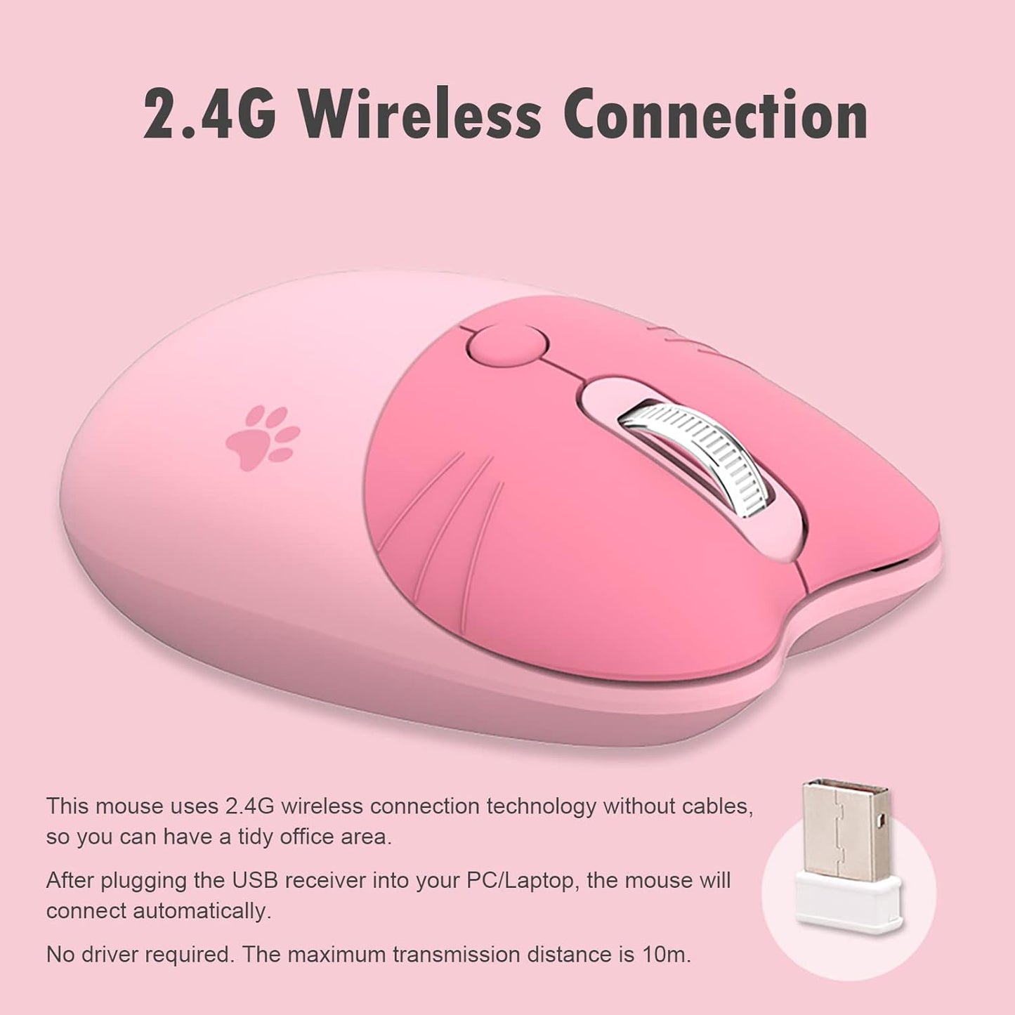 Lomiluskr 2.4G Cute Cat Wireless Mouse, Lightweight Soundless Mice, Wireless Mice, Candy Colors, Kawaii Mouse for Girls