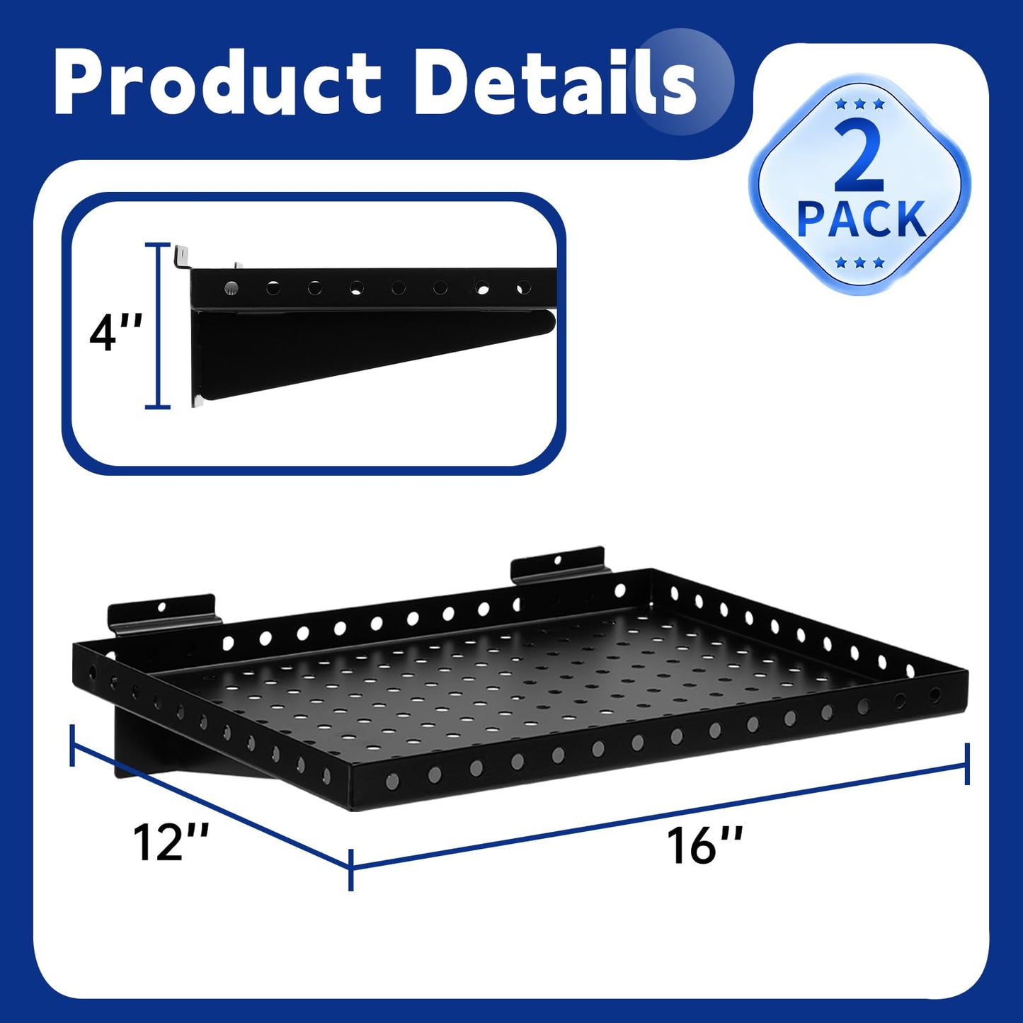 LYYUWE Heavy Duty Slatwall Shelf 16x12Inch, Steel Slatwall Accessories Storage Rack for Garage, Retail, Workshop (2, 16x12Inch)