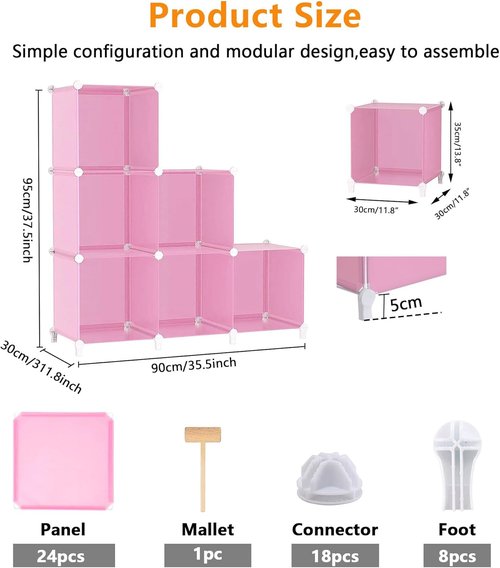 AWTATOS Cube Storage Organizer - Portable DIY Stackable Closet Shelves for Kids - 6 Pink Cubes