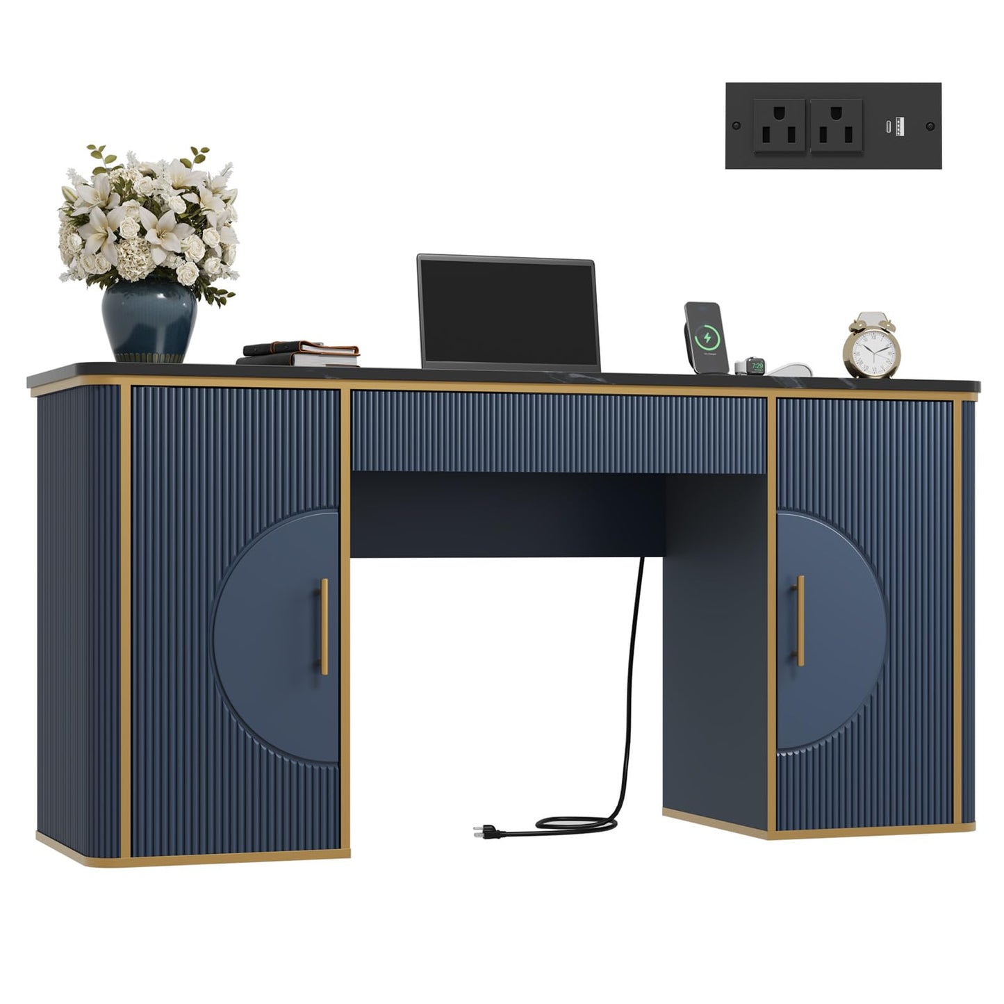 RNLRNL 60" Fluted Computer Desk, Wooden Long Home Office Writing Desk with Drawer & Storage Cabinet, Modern Writing Table with Charging Station, High Executive Desk for Office，Bedroom, Navy Blue
